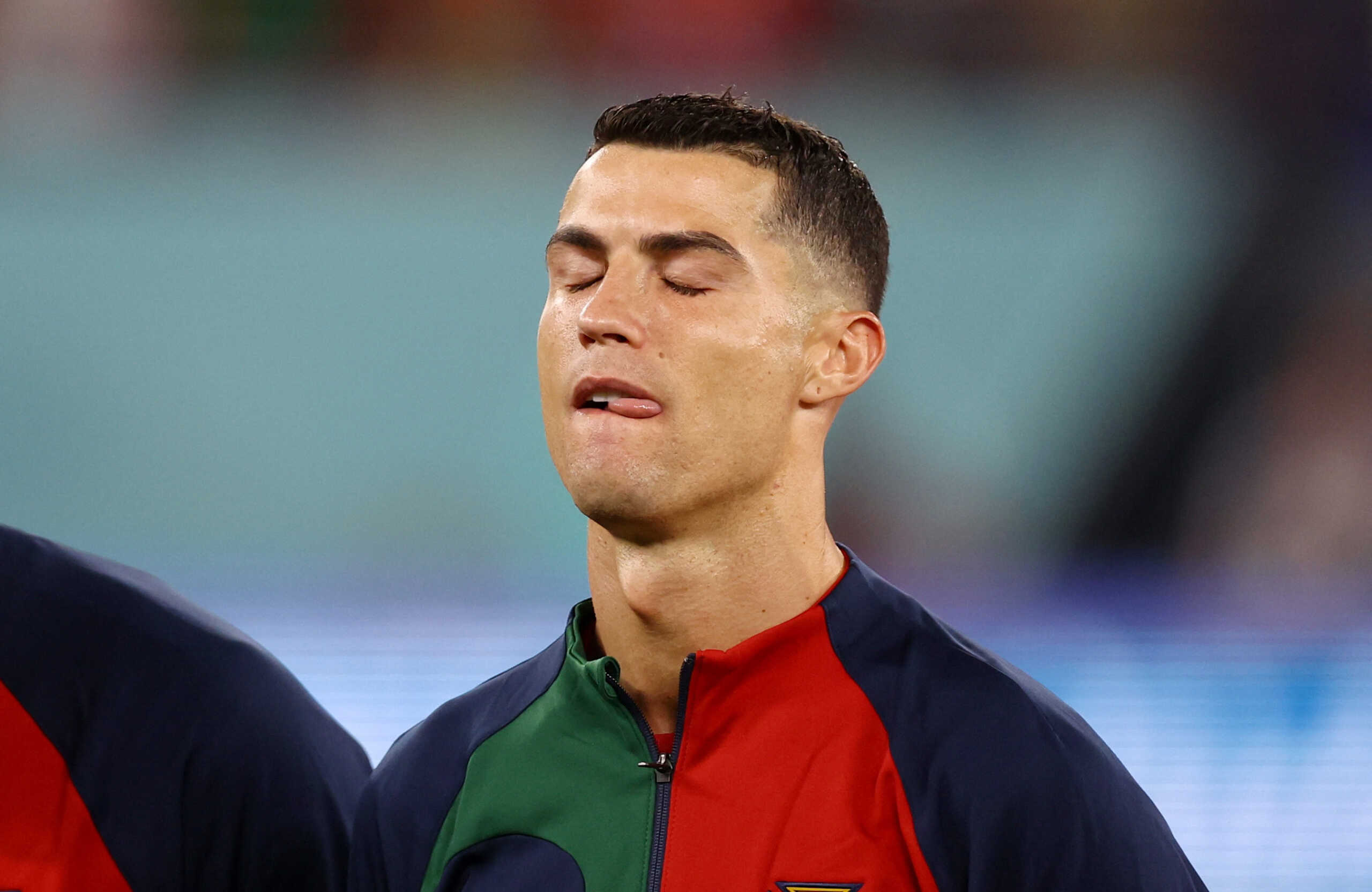 Soccer Football - FIFA World Cup Qatar 2022 - Group H - Portugal v Ghana - Stadium 974, Doha, Qatar - November 24, 2022  Portugal's Cristiano Ronaldo during the national anthems before the match REUTERS