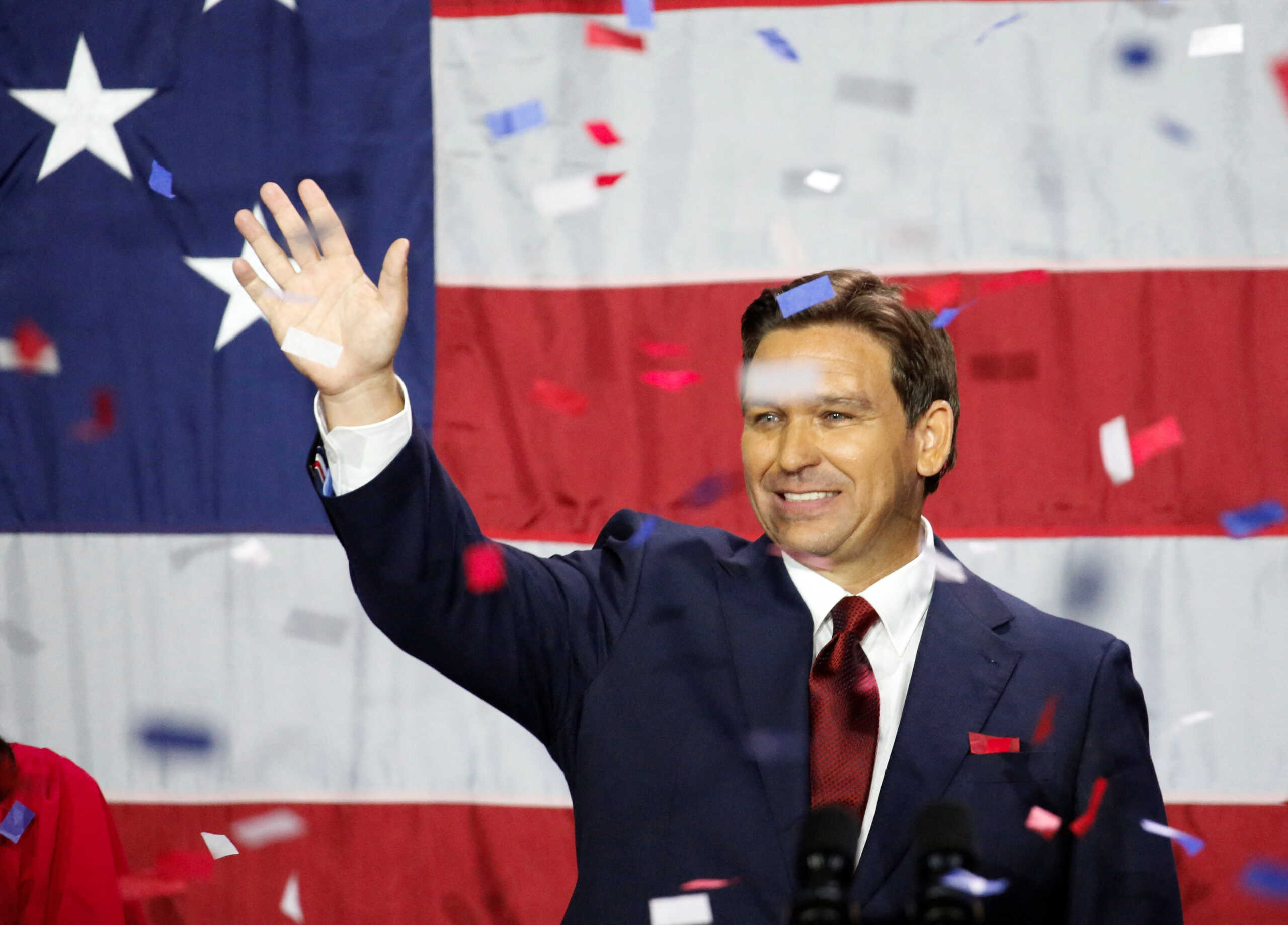 Republican Florida Governor Ron DeSantis celebrates onstage during his 2022 U.S. midterm elections night party in Tampa, Florida, U.S., November 8, 2022. REUTERS