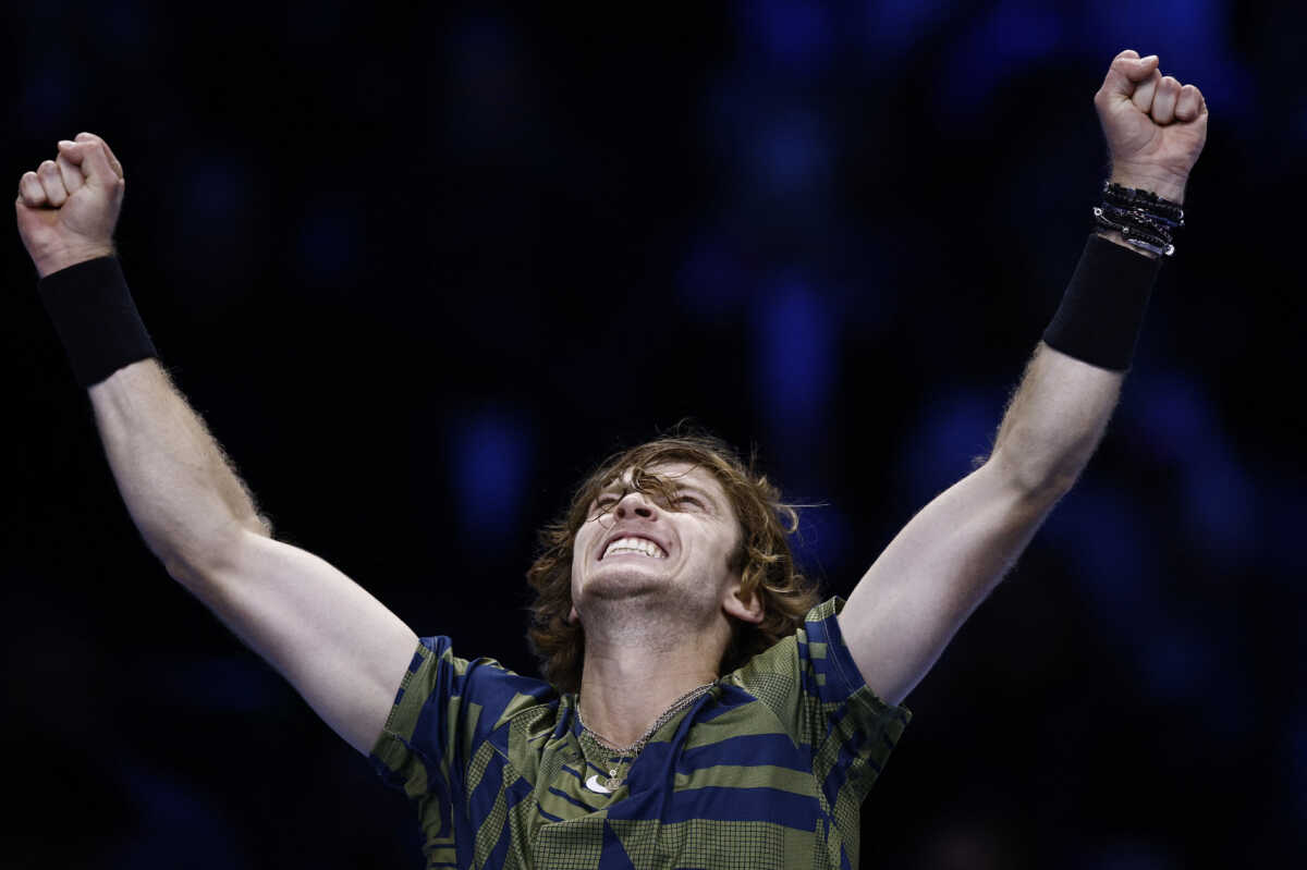Tennis - ATP Finals Turin - Pala Alpitour, Turin, Italy - November 18, 2022 Russia's Andrey Rublev celebrates winning his group stage match against Greece's Stefanos Tsitsipas REUTERS