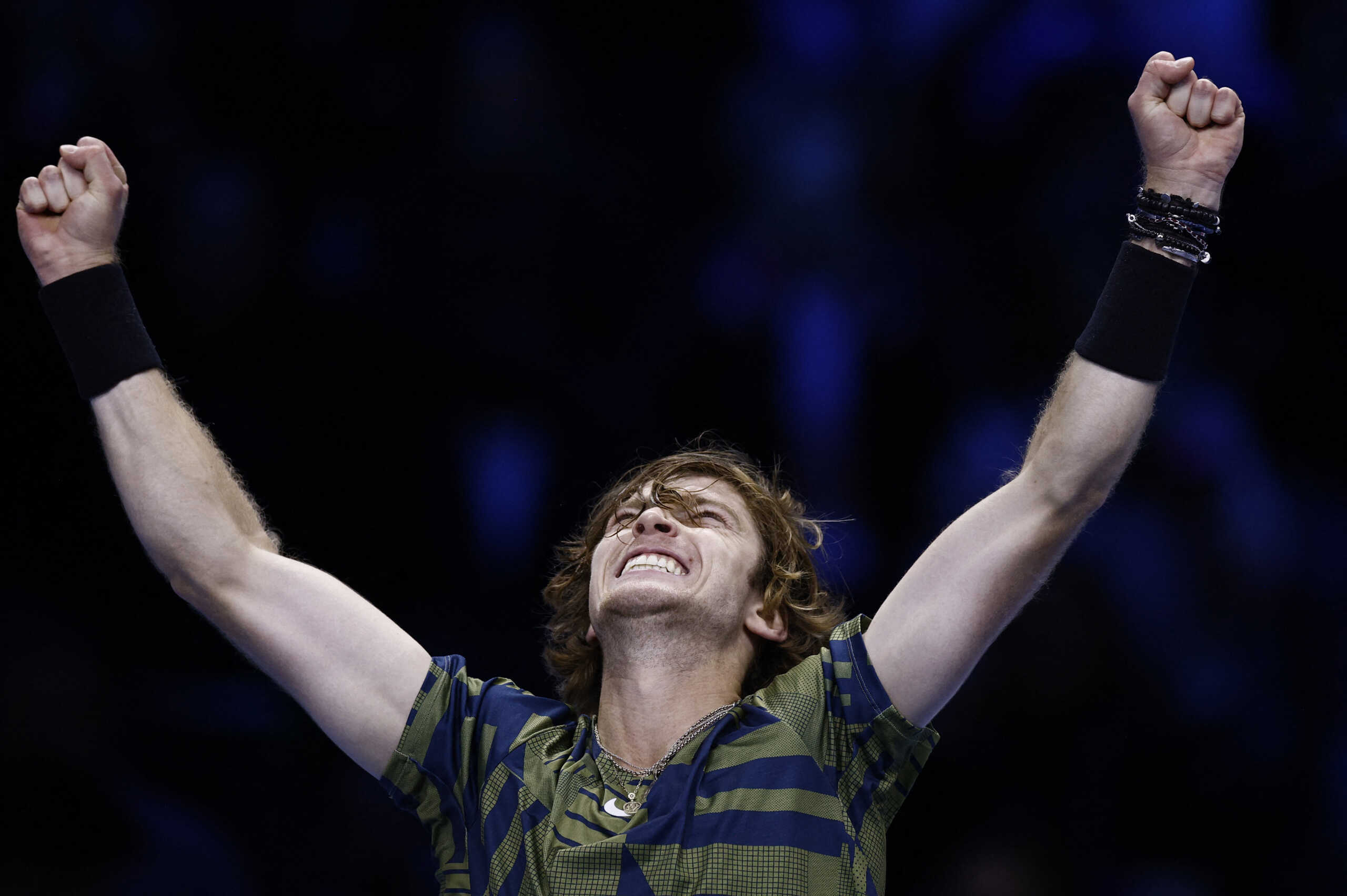 Tennis - ATP Finals Turin - Pala Alpitour, Turin, Italy - November 18, 2022 Russia's Andrey Rublev celebrates winning his group stage match against Greece's Stefanos Tsitsipas REUTERS