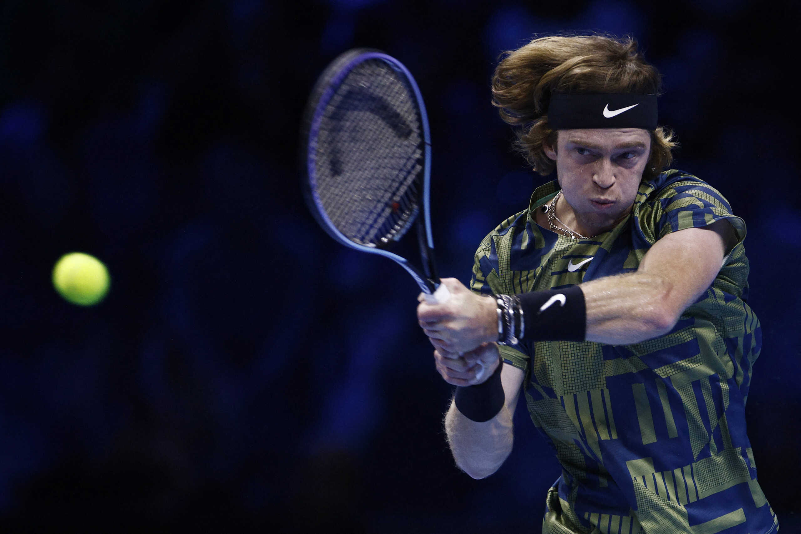 Tennis - ATP Finals Turin - Pala Alpitour, Turin, Italy - November 18, 2022 Russia's Andrey Rublev in action during his group stage match against Greece's Stefanos Tsitsipas REUTERS