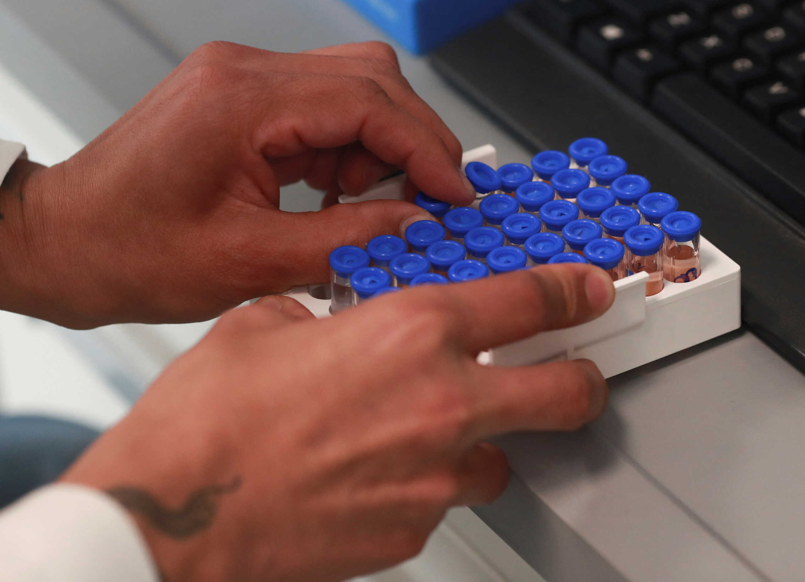 A scientist checks test tubes in a lab at Bayer Mexico's plant in Lerma, Mexico November 10, 2022. REUTERS