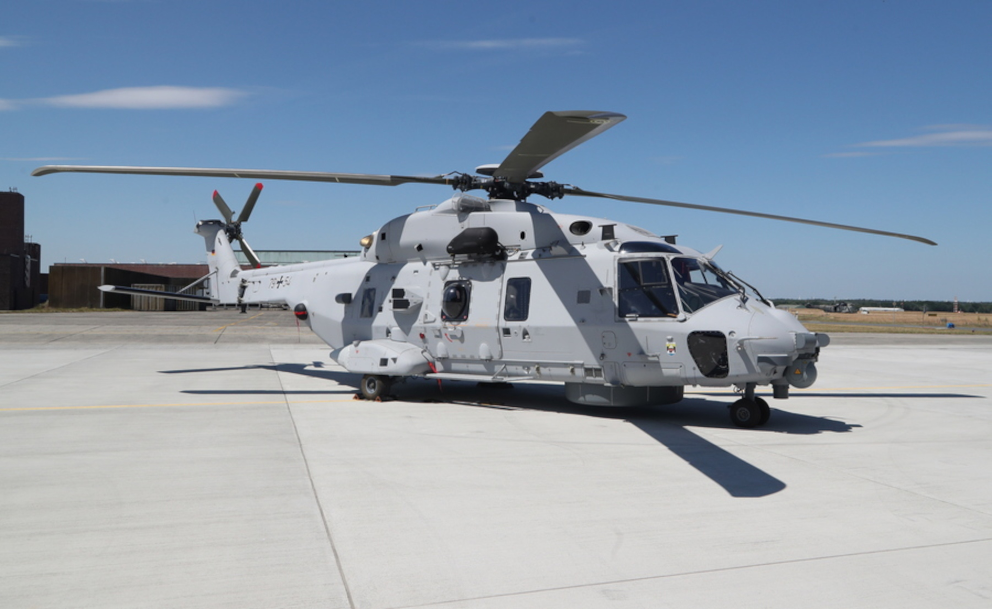 epa08508538 A NH 90 NTH Sea Lion naval transport helicopter during the commissioning ceremony for the new NH 90 of the German Navy (Bundesmarine) at the airbase of Nordholz, northern Germany, 25 June 2020. The replaces the Sea King helicopters of the German Navy for transport purposes and for Search and Rescue (SAR) missions.  EPA