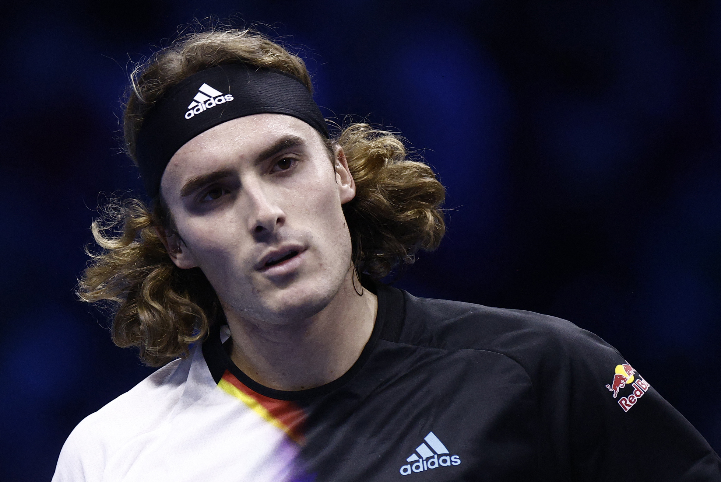 Tennis - ATP Finals Turin - Pala Alpitour, Turin, Italy - November 14, 2022  Greece's Stefanos Tsitsipas reacts during his group stage match against Serbia's Novak Djokovic REUTERS