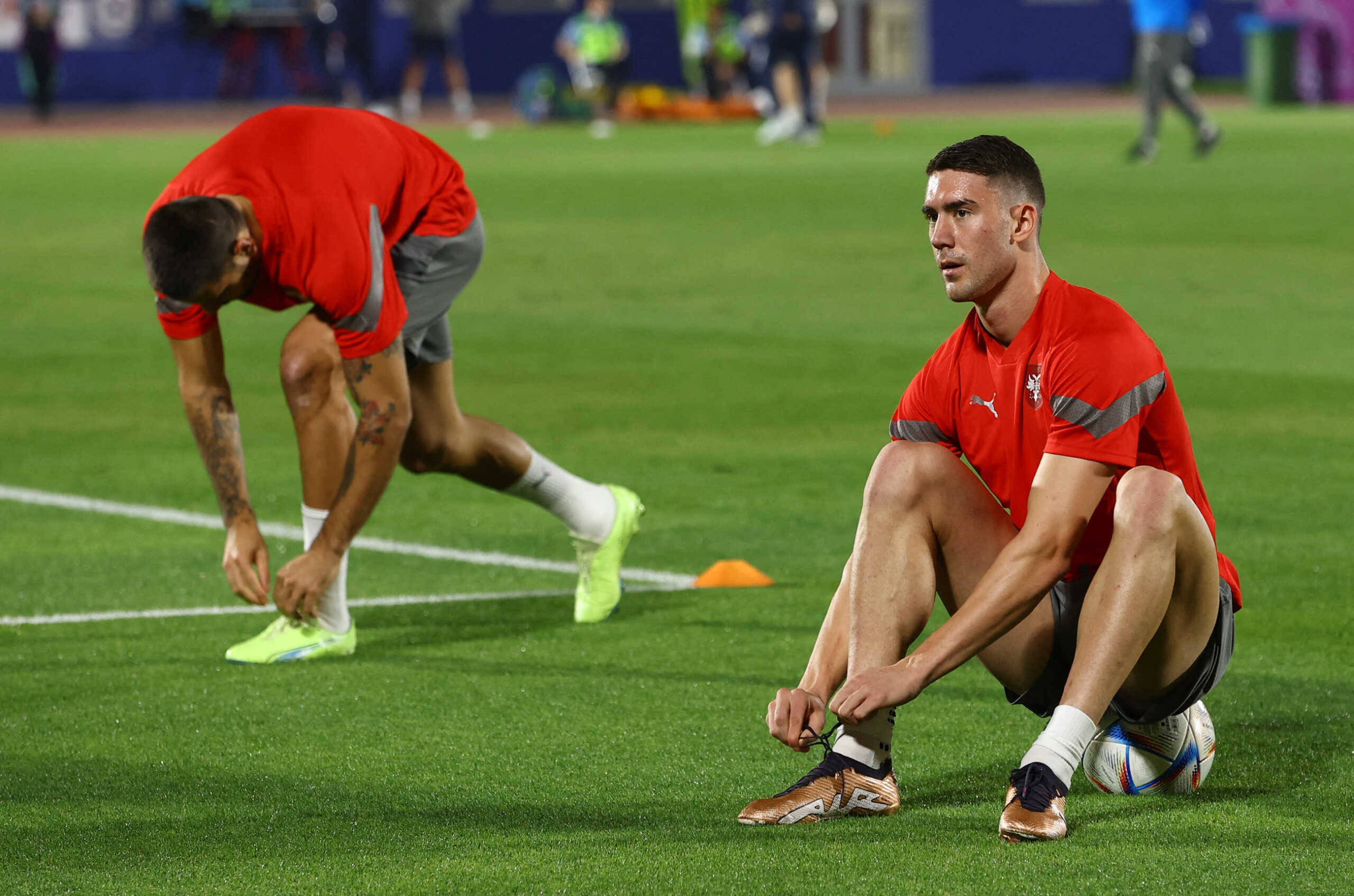 Soccer Football - FIFA World Cup Qatar 2022 - Serbia Training - Al Arabi SC Training Facilities, Doha, Qatar - November 23, 2022 Serbia'a Dusan Vlahovic during training REUTERS