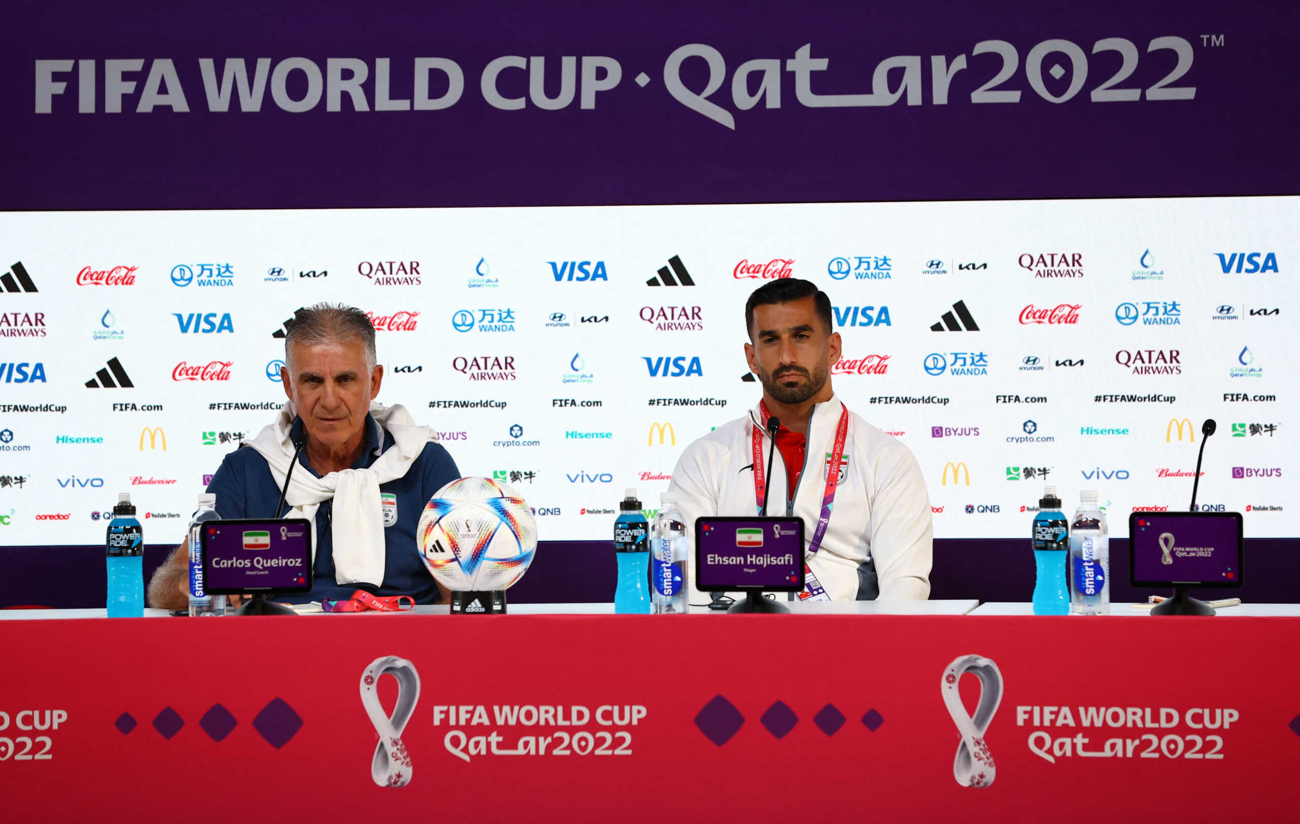 Soccer Football - FIFA World Cup Qatar 2022 - Iran Press Conference - Main Media Center, Doha, Qatar - November 20, 2022 Iran coach Carlos Queiroz and Ehsan Hajisafi during a press conference REUTERS