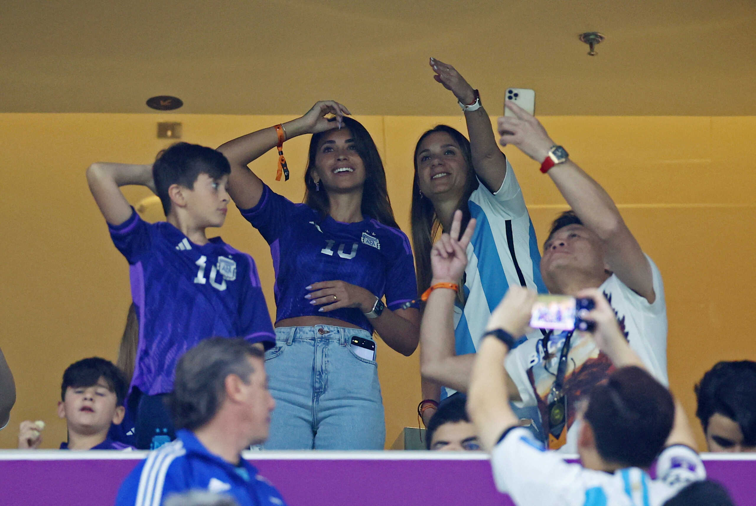 Soccer Football - FIFA World Cup Qatar 2022 - Semi Final - Argentina v Croatia - Lusail Stadium, Lusail, Qatar - December 13, 2022 Argentina's Lionel Messi's wife Antonela Roccuzzo, and sons Mateo and Thiago in the stands before the match REUTERS