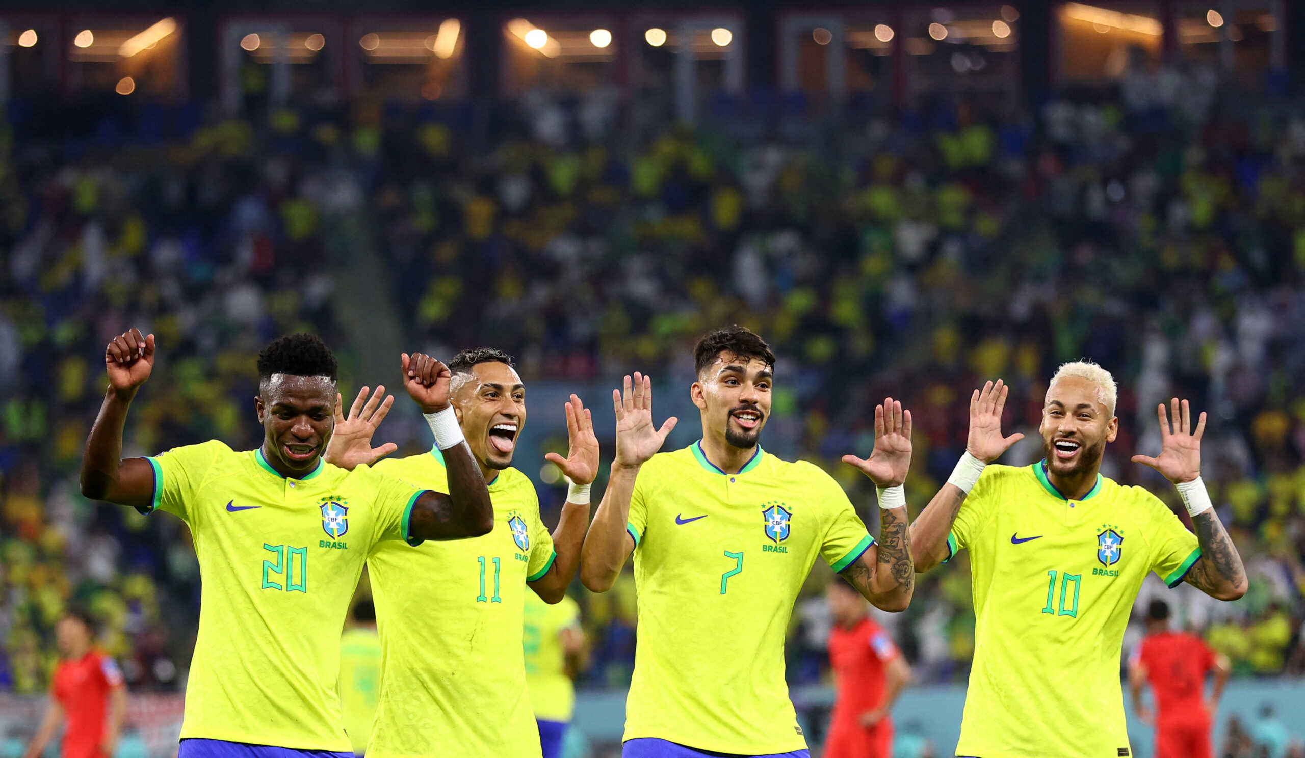 Soccer Football - FIFA World Cup Qatar 2022 - Round of 16 - Brazil v South Korea - Stadium 974, Doha, Qatar - December 5, 2022 Brazil's Neymar celebrates scoring their second goal with Vinicius Junior, Raphinha and Lucas Paqueta REUTERS