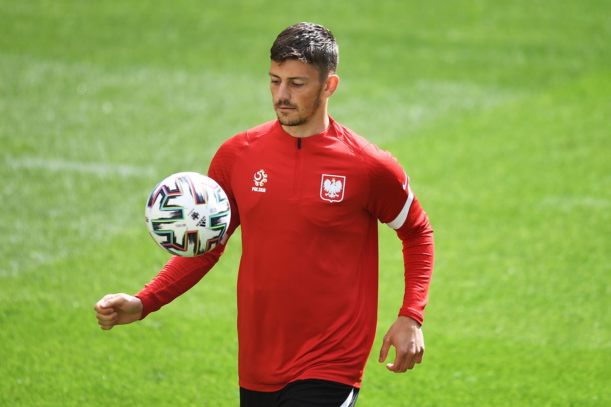 epa09266625 Polish national soccer team player Dawid Kownacki during a training session at the Polsat Plus Arena Gdansk, in Gdansk, northern Poland, 13 June 2021. Poland will face Slovakia in their UEFA EURO 2020 group E preliminary round soccer match on 14 June 2021 in St.Petersburg, Russia.  EPA