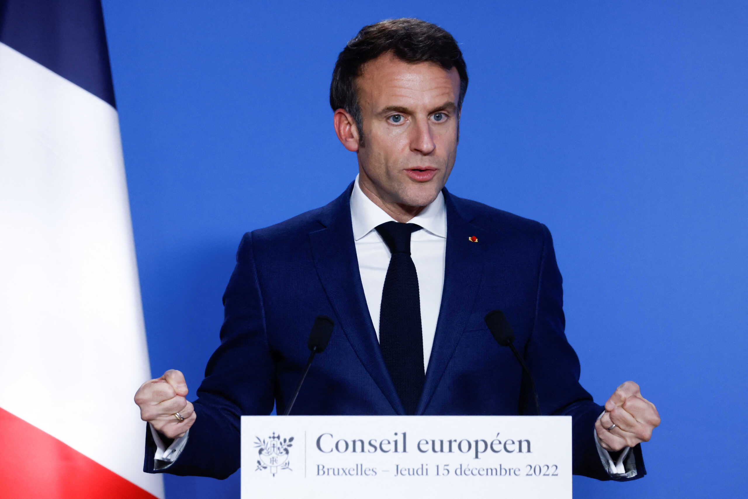French President Emmanuel Macron attends a news conference at a European Union leaders' summit in Brussels, Belgium December 15, 2022. REUTERS