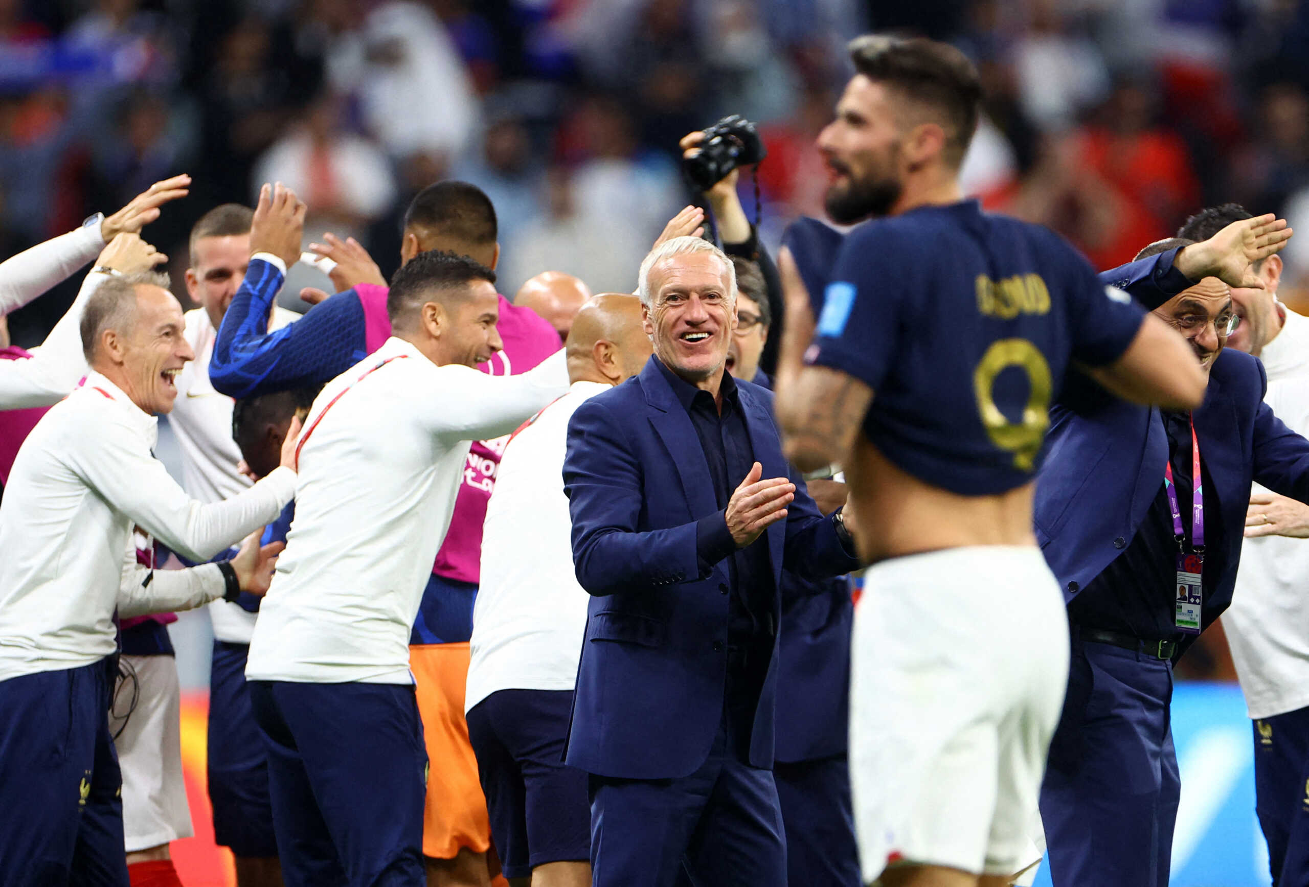 Soccer Football - FIFA World Cup Qatar 2022 - Quarter Final - England v France - Al Bayt Stadium, Al Khor, Qatar - December 11, 2022 France coach Didier Deschamps celebrates after the match as France progress to the semi finals REUTERS