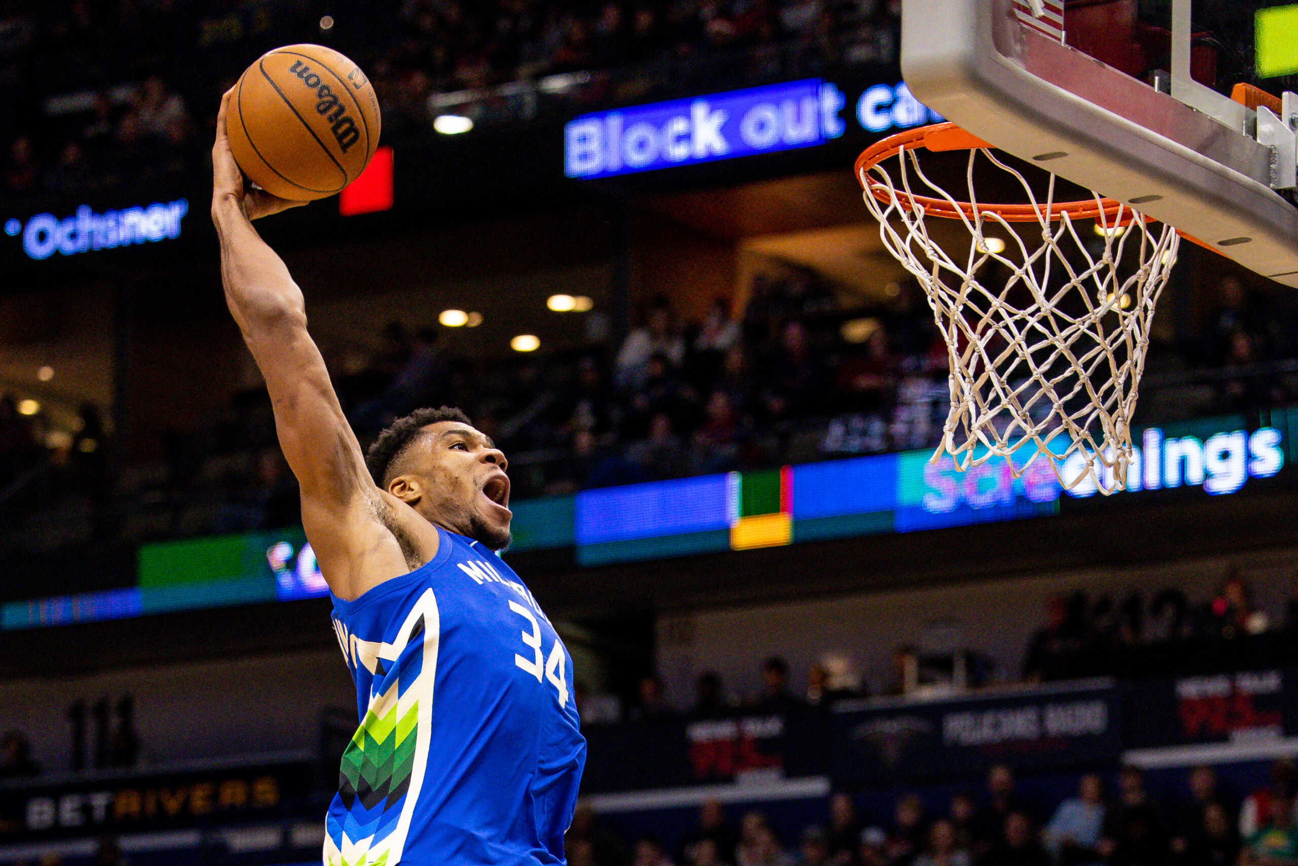 Dec 19, 2022; New Orleans, Louisiana, USA; Milwaukee Bucks forward Giannis Antetokounmpo (34) dunks the ball against New Orleans Pelicans guard Dyson Daniels (11) during the second half at Smoothie King Center. Mandatory Credit: Stephen Lew-USA TODAY Sports