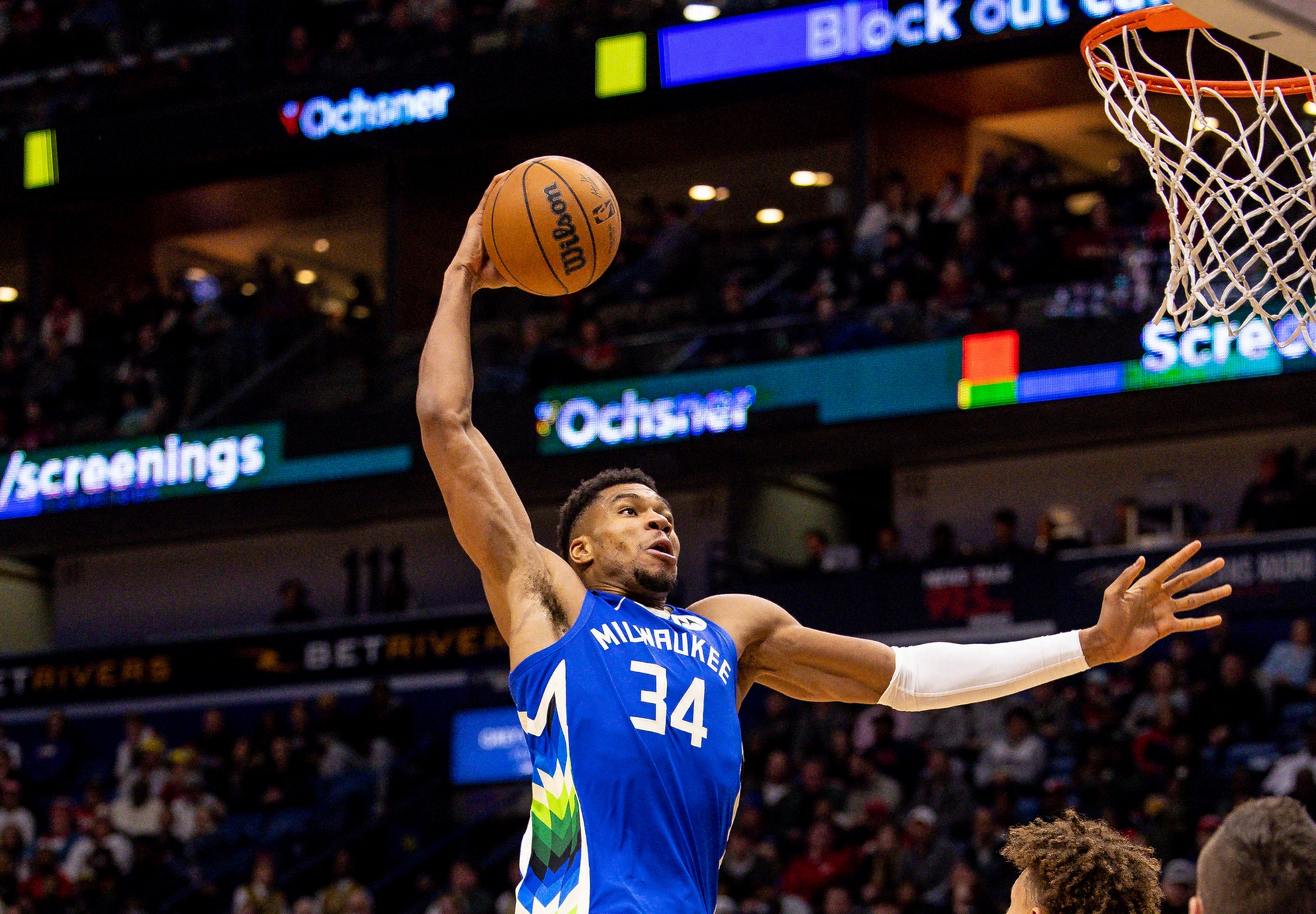 Dec 19, 2022; New Orleans, Louisiana, USA; Milwaukee Bucks forward Giannis Antetokounmpo (34) dunks the ball against New Orleans Pelicans guard Dyson Daniels (11) during the second half at Smoothie King Center. Mandatory Credit: Stephen Lew-USA TODAY Sports