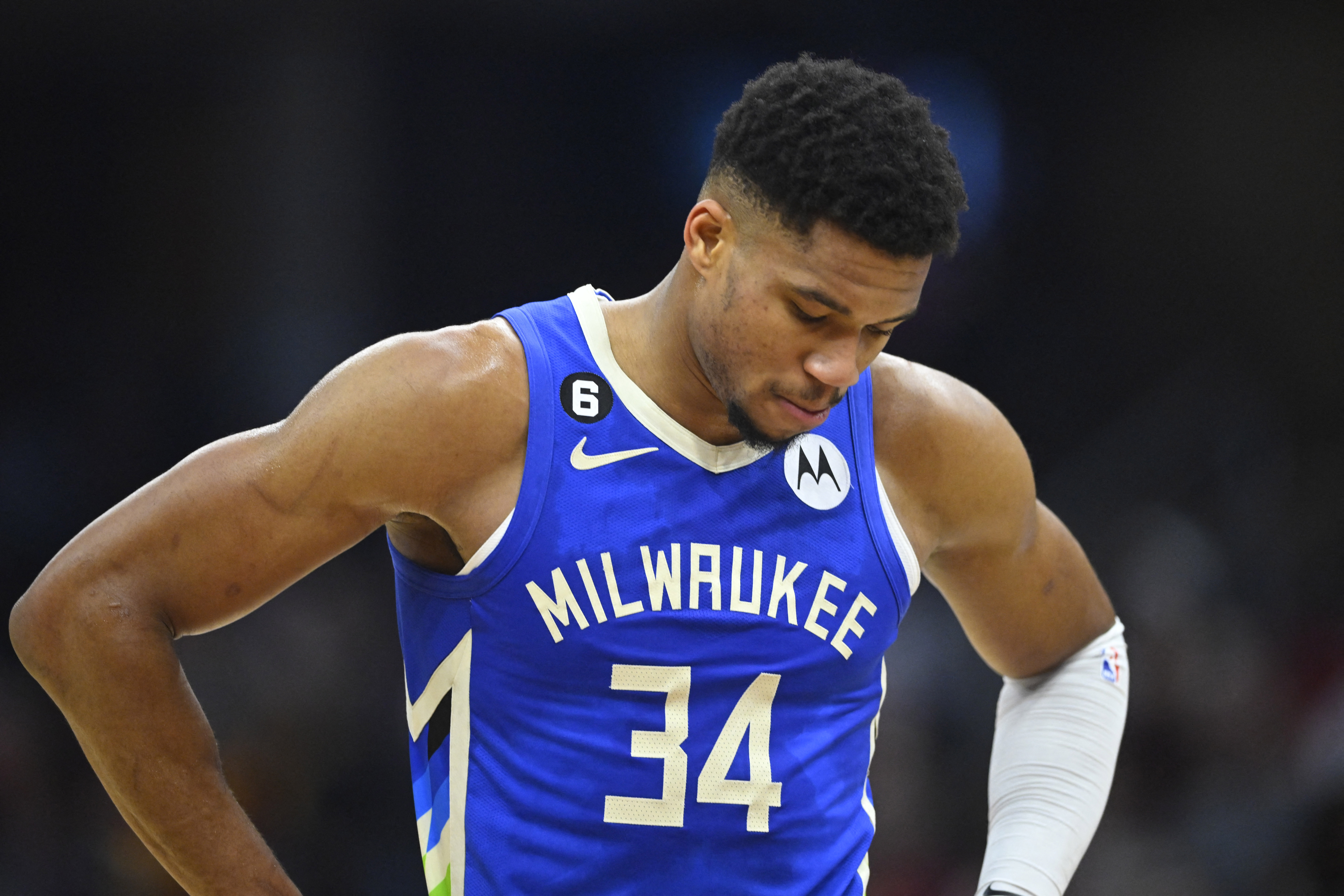 Dec 21, 2022; Cleveland, Ohio, USA; Milwaukee Bucks forward Giannis Antetokounmpo (34) reacts in the second quarter against the Cleveland Cavaliers at Rocket Mortgage FieldHouse. Mandatory Credit: David Richard-USA TODAY Sports