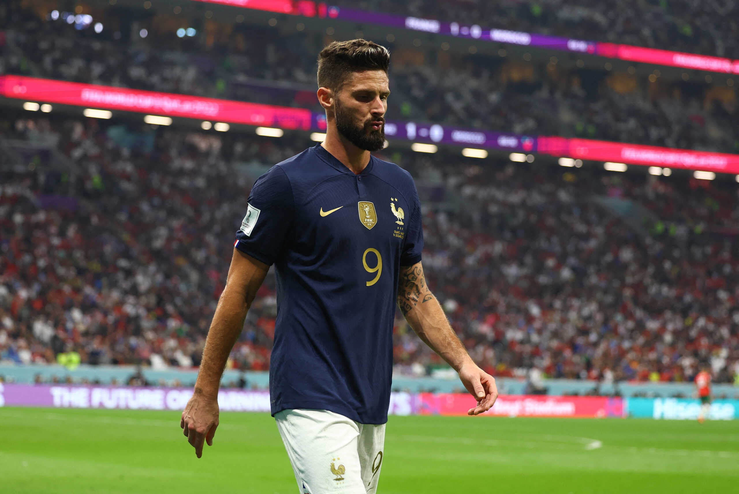 Soccer Football - FIFA World Cup Qatar 2022 - Semi Final - France v Morocco - Al Bayt Stadium, Al Khor, Qatar - December 14, 2022 France's Olivier Giroud reacts as he is substituted off REUTERS
