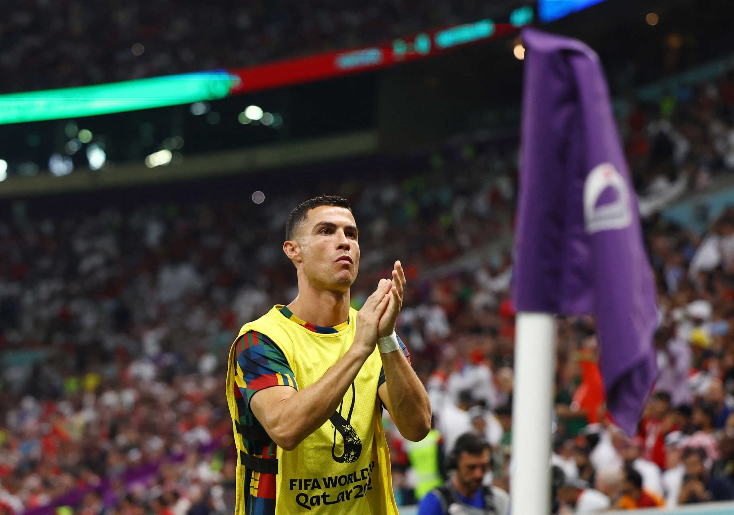 Soccer Football - FIFA World Cup Qatar 2022 - Round of 16 - Portugal v Switzerland - Lusail Stadium, Lusail, Qatar - December 6, 2022 Portugal's Cristiano Ronaldo applauds fans before the start of the second half REUTERS