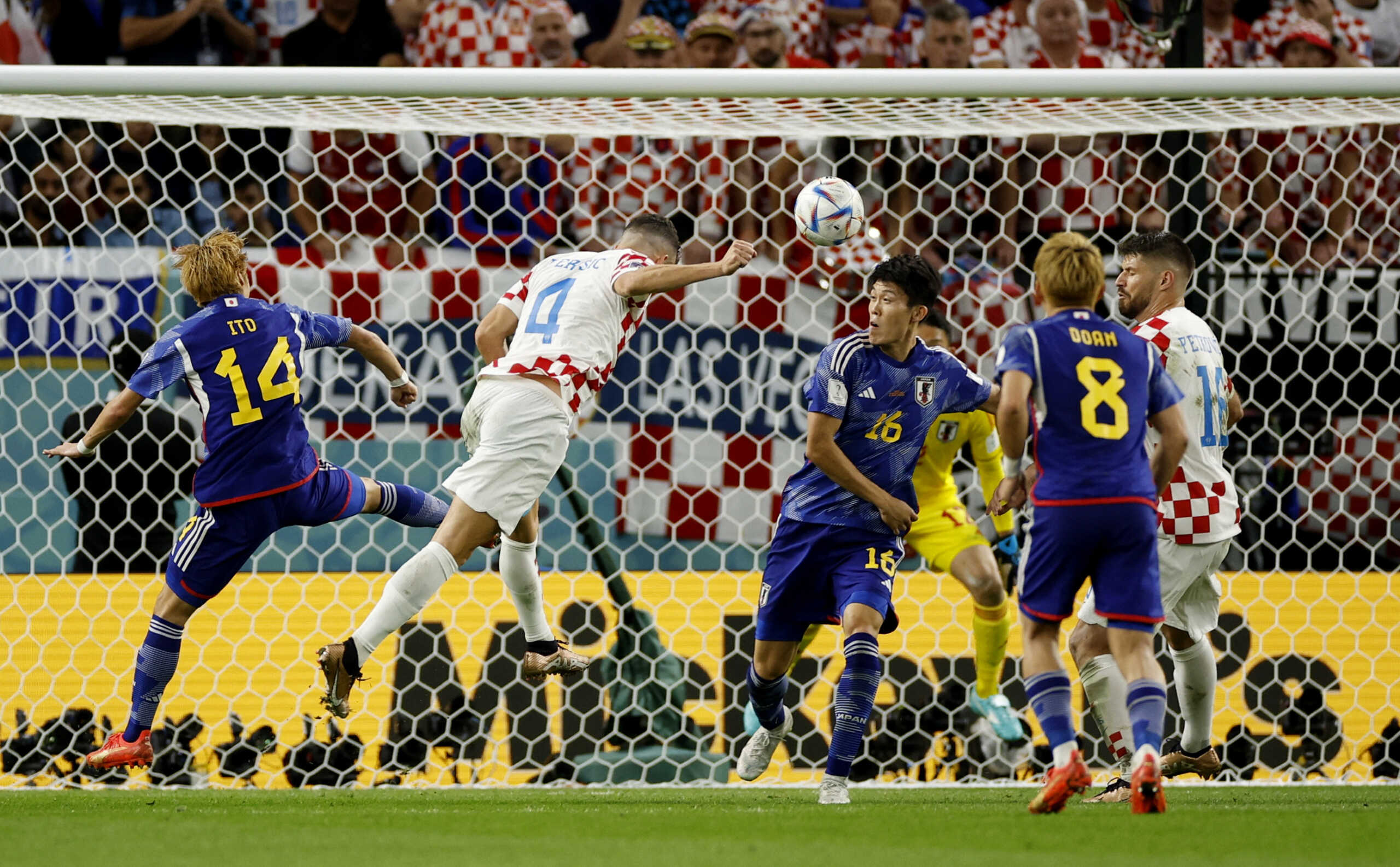 Soccer Football - FIFA World Cup Qatar 2022 - Round of 16 - Japan v Croatia - Al Janoub Stadium, Al Wakrah, Qatar - December 5, 2022  Croatia's Ivan Perisic scores their first goal REUTERS