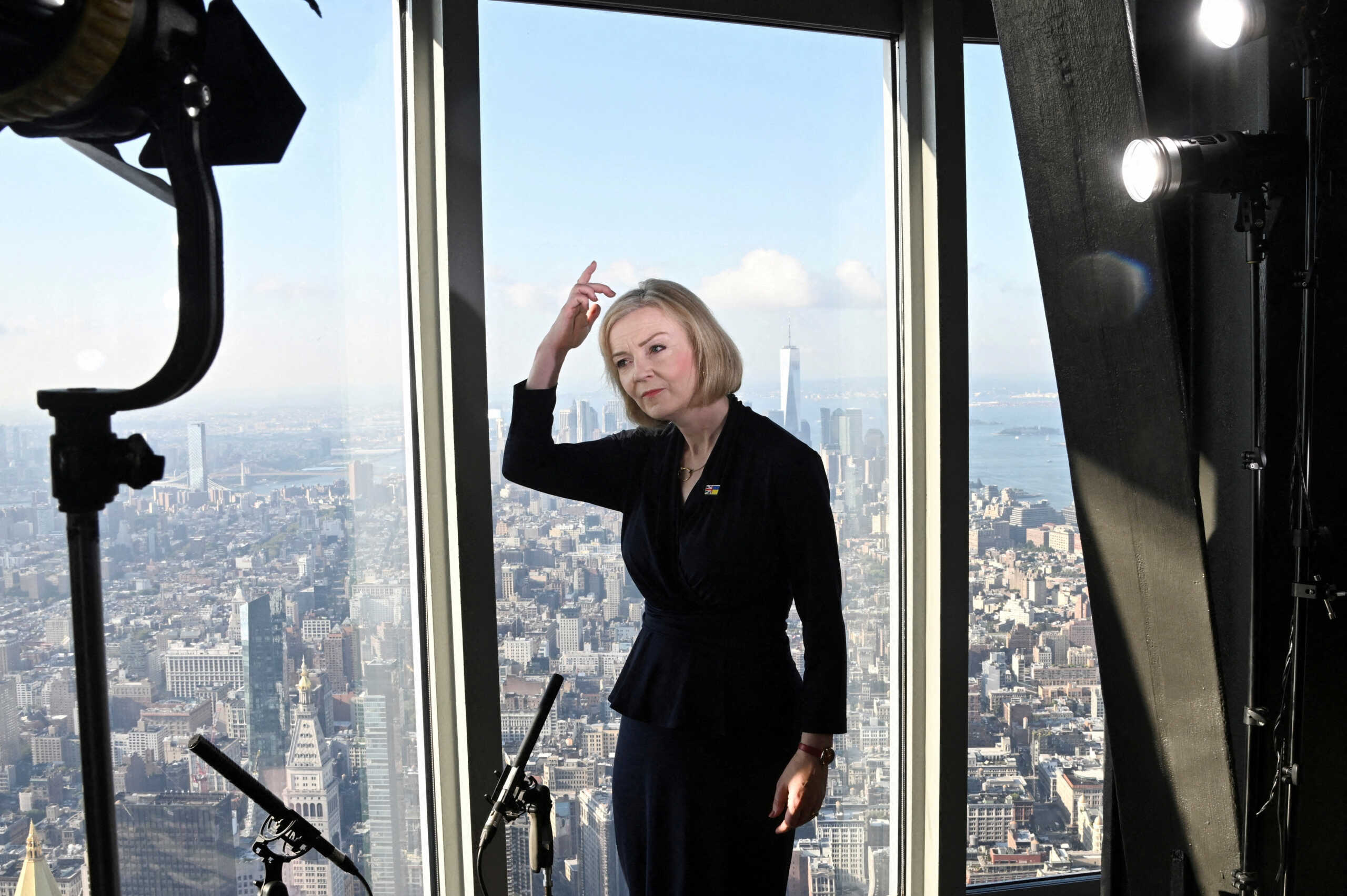 FILE PHOTO: British Prime Minister Liz Truss speaks to the media at the Empire State building in New York, U.S., September 20, 2022.        REUTERS