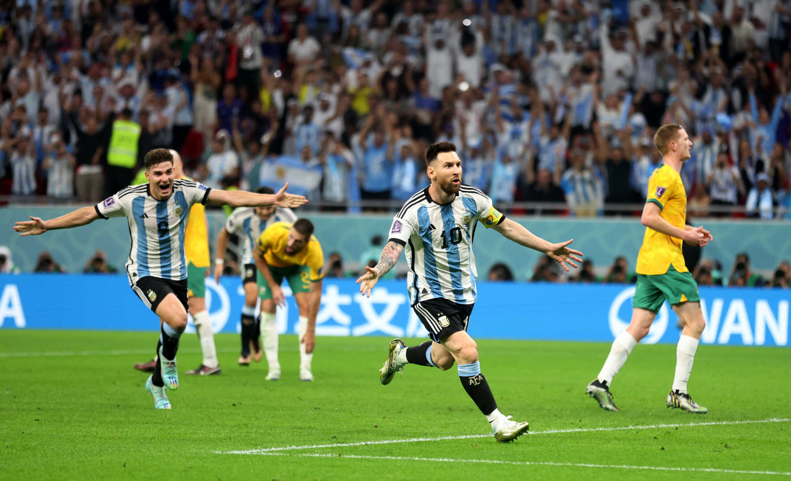 Soccer Football - FIFA World Cup Qatar 2022 - Round of 16 - Argentina v Australia - Ahmad bin Ali Stadium, Al Rayyan, Qatar - December 3, 2022  Argentina's Lionel Messi celebrates scoring their first goal REUTERS