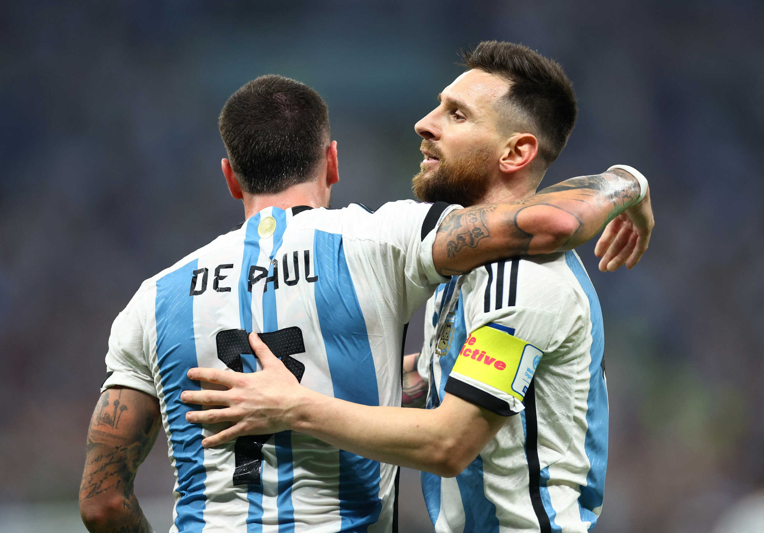 Soccer Football - FIFA World Cup Qatar 2022 - Semi Final - Argentina v Croatia - Lusail Stadium, Lusail, Qatar - December 13, 2022 Argentina's Lionel Messi celebrates scoring their first goal with Rodrigo De Paul REUTERS