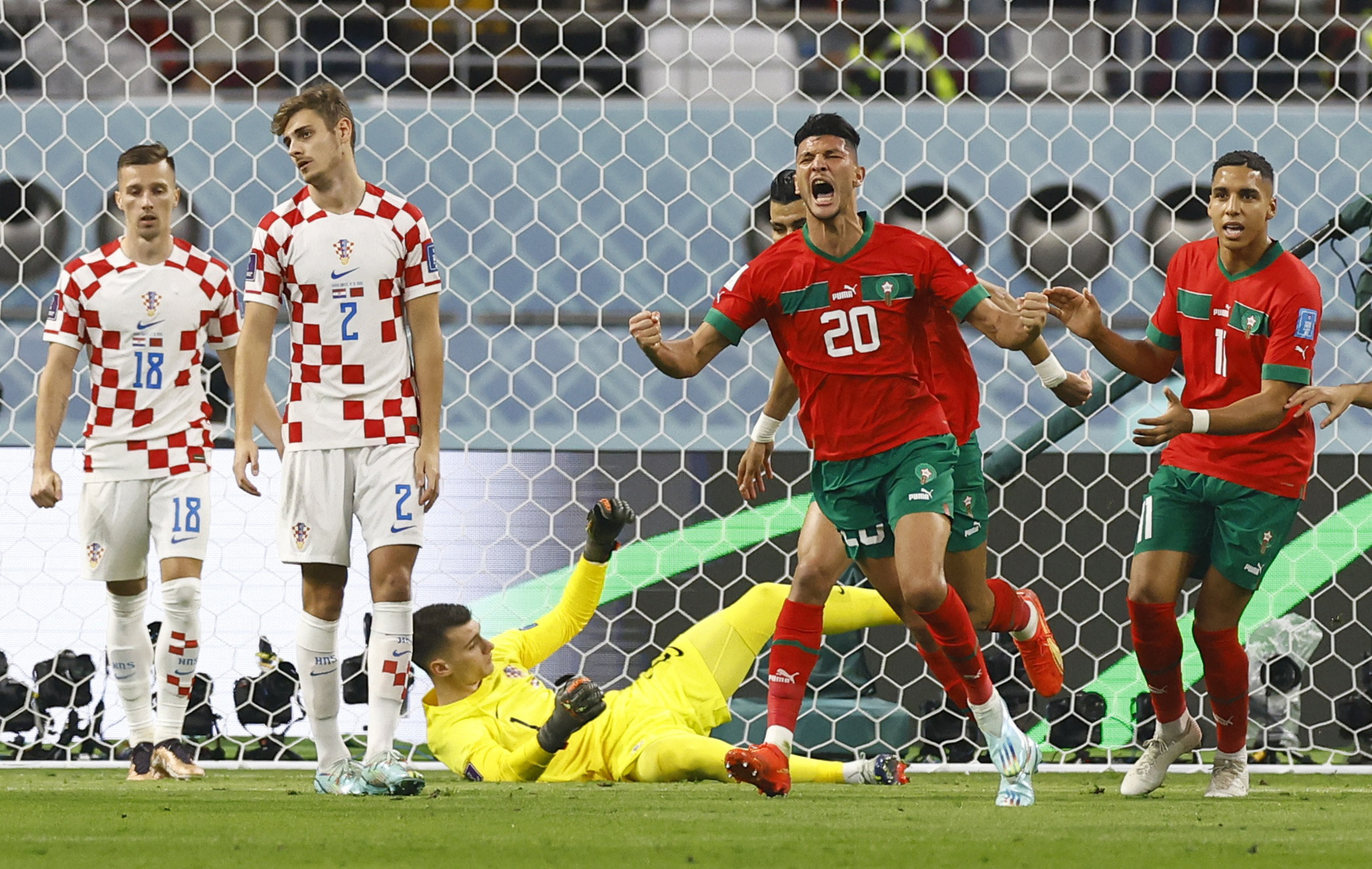 Soccer Football - FIFA World Cup Qatar 2022 - Third-Place Playoff - Croatia v Morocco - Khalifa International Stadium, Doha, Qatar - December 17, 2022 Morocco's Achraf Dari celebrates scoring their first goal REUTERS