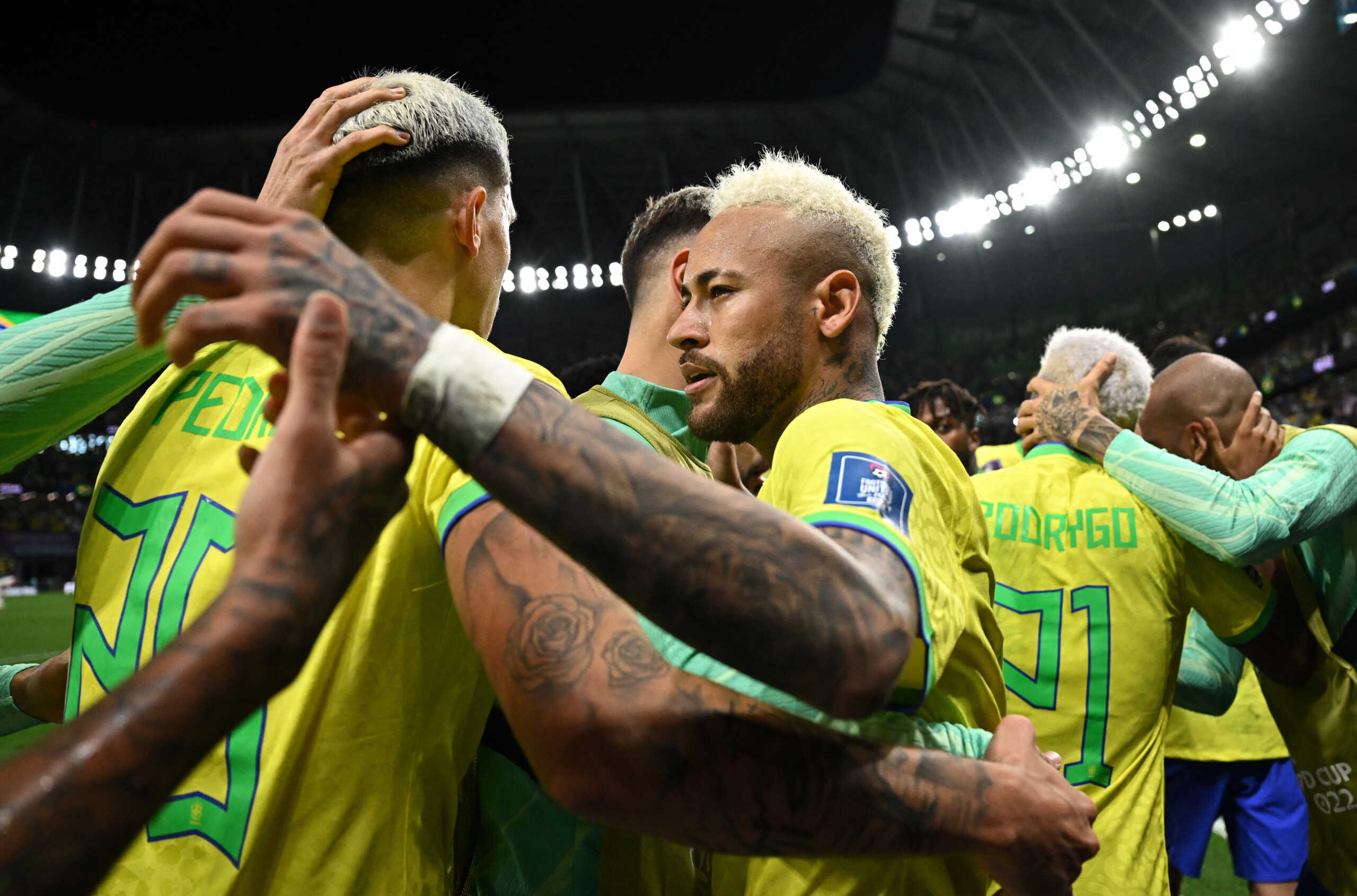 Soccer Football - FIFA World Cup Qatar 2022 - Quarter Final - Croatia v Brazil - Education City Stadium, Doha, Qatar - December 9, 2022 Brazil's Neymar celebrates scoring their first goal with Pedro and teammates REUTERS