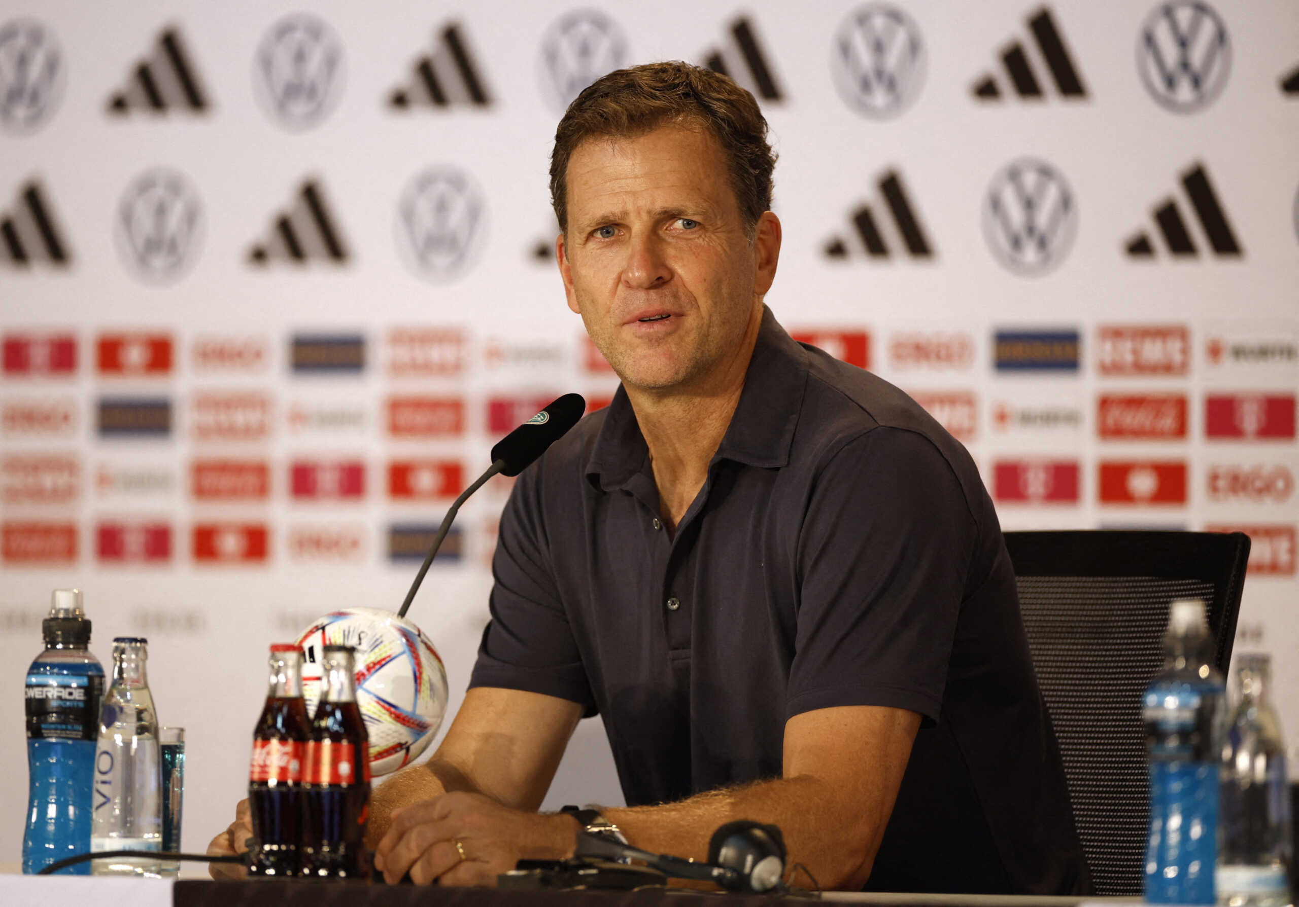 Soccer Football - FIFA World Cup Qatar 2022 - Germany Press Conference - Al Shamal Stadium, Al Shamal, Qatar - November 19, 2022 Oliver Bierhoff Germany's national team director of the German Football Association during a press conference REUTERS