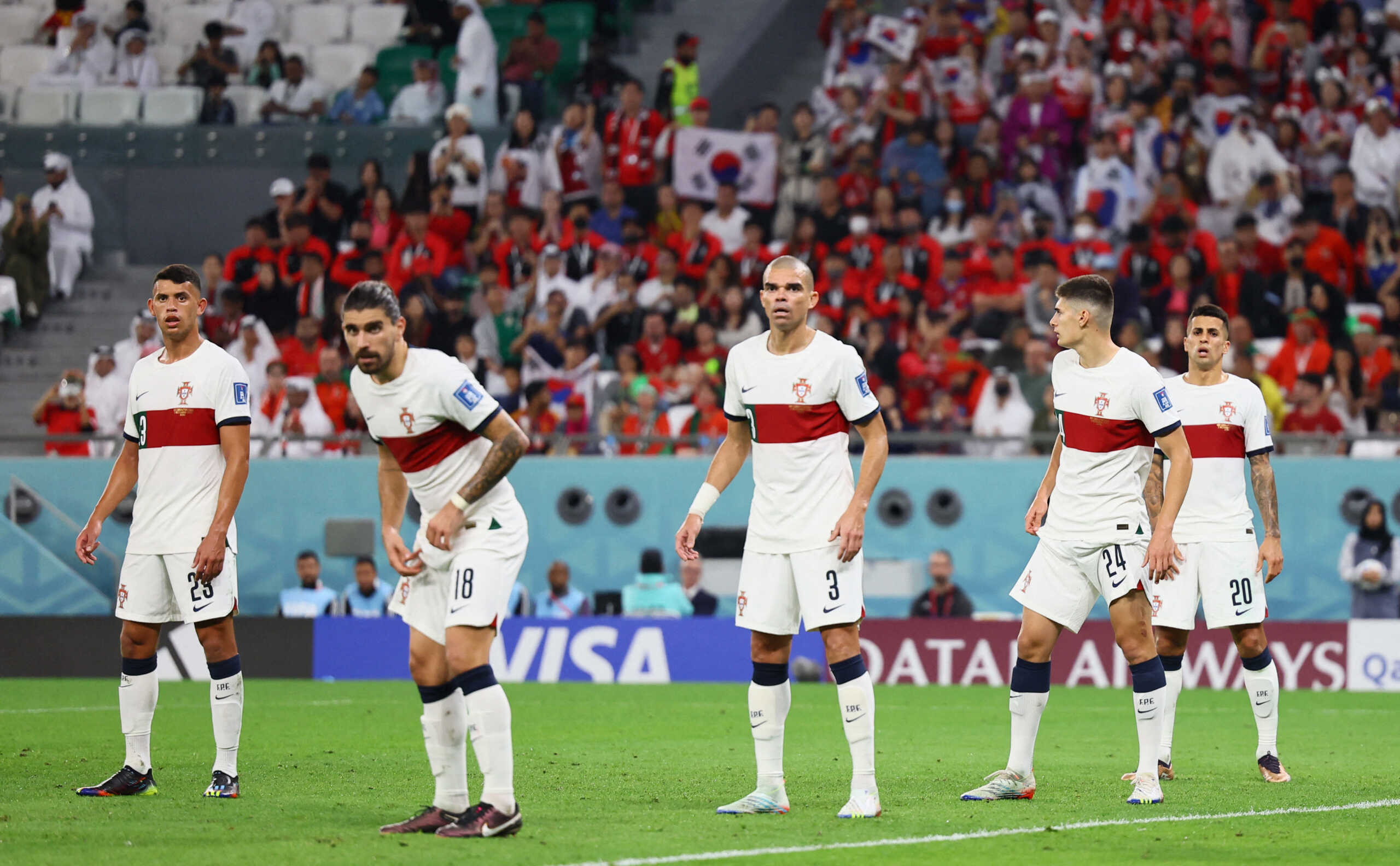 Soccer Football - FIFA World Cup Qatar 2022 - Group H - South Korea v Portugal - Education City Stadium, Al Rayyan, Qatar - December 2, 2022  Portugal's Matheus Nunes, Ruben Neves, Pepe, Antonio Silva and Joao Cancelo REUTERS