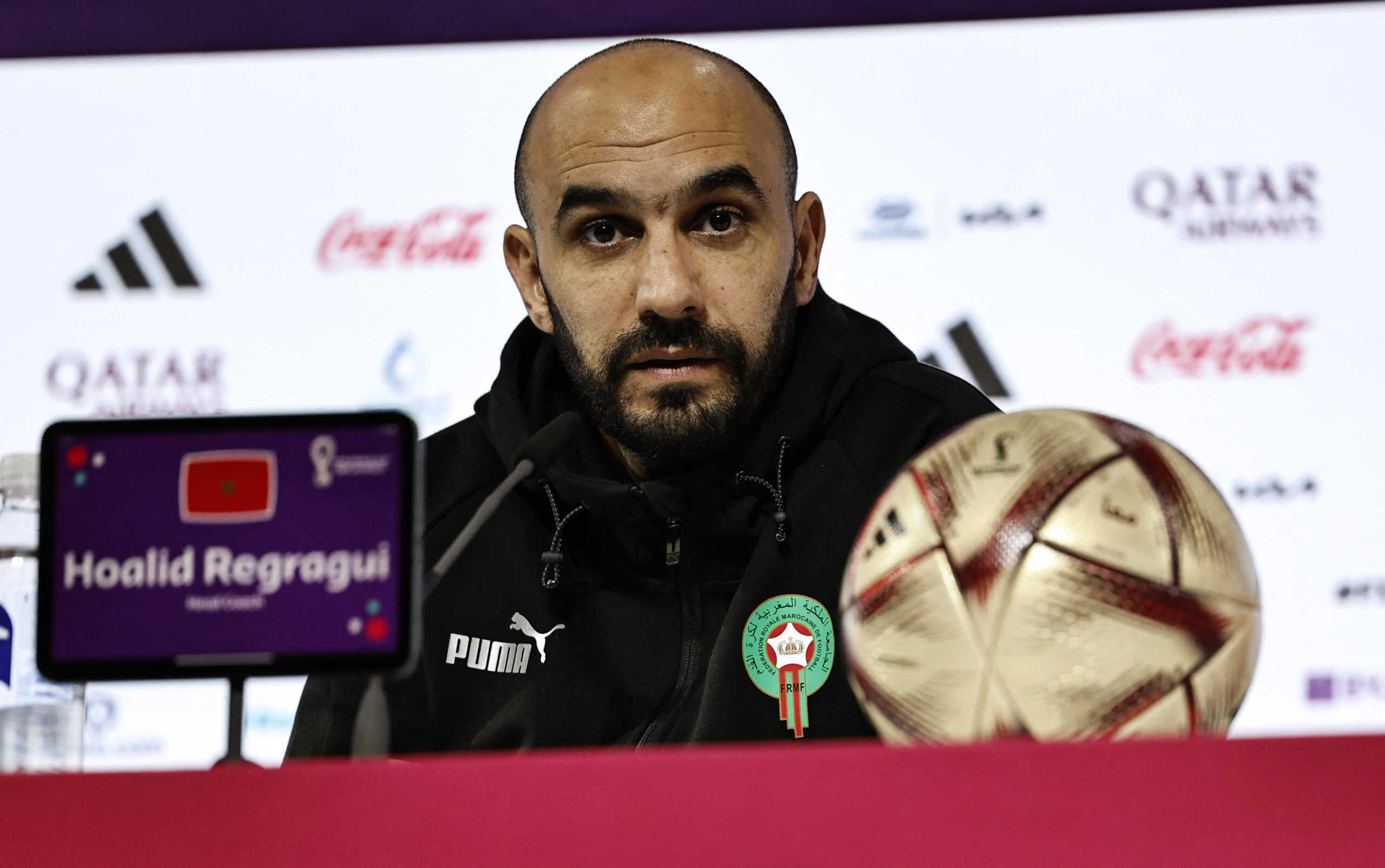 Soccer Football - FIFA World Cup Qatar 2022 - Morocco Press Conference - Main Media Center, Doha, Qatar - December 13, 2022 Morocco coach Walid Regragui during the press conference REUTERS