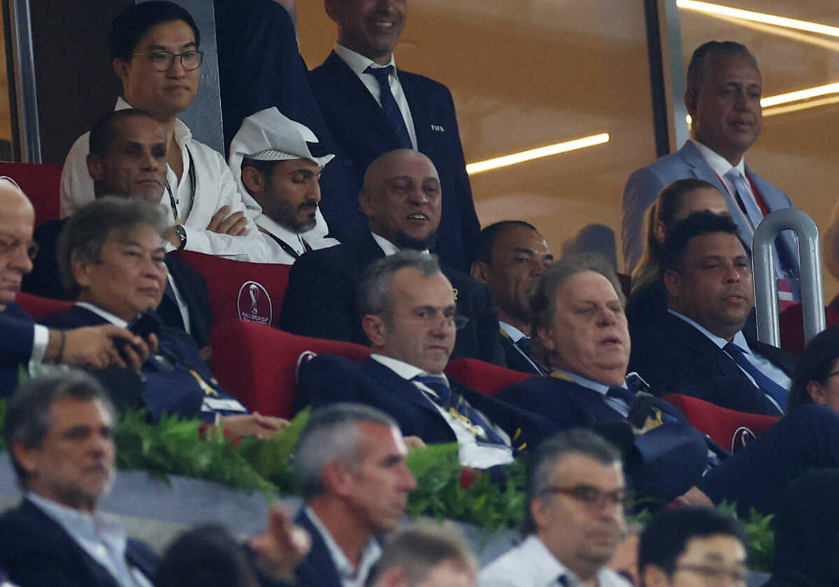 Soccer Football - FIFA World Cup Qatar 2022 - Round of 16 - Brazil v South Korea - Stadium 974, Doha, Qatar - December 5, 2022 Former Brazil players Roberto Carlos, Cafu and Ronaldo are pictured in the stands REUTERS
