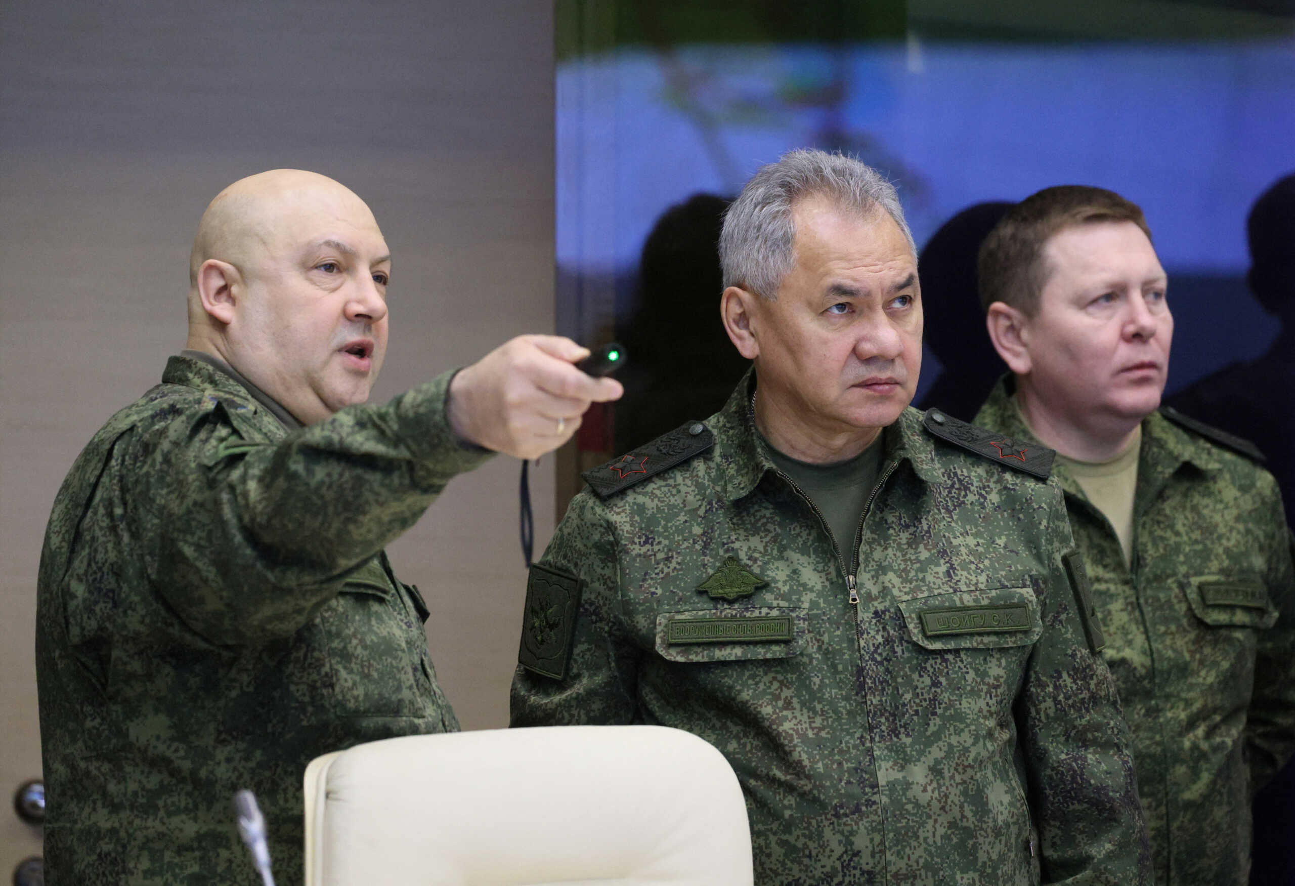 Russian Defence Minister Sergei Shoigu and General Sergei Surovikin, commander of Russian forces in Ukraine, visit the Joint Headquarters of the Russian armed forces involved in military operations in Ukraine, in an unknown location in Russia, in this picture released December 17, 2022. Sputnik