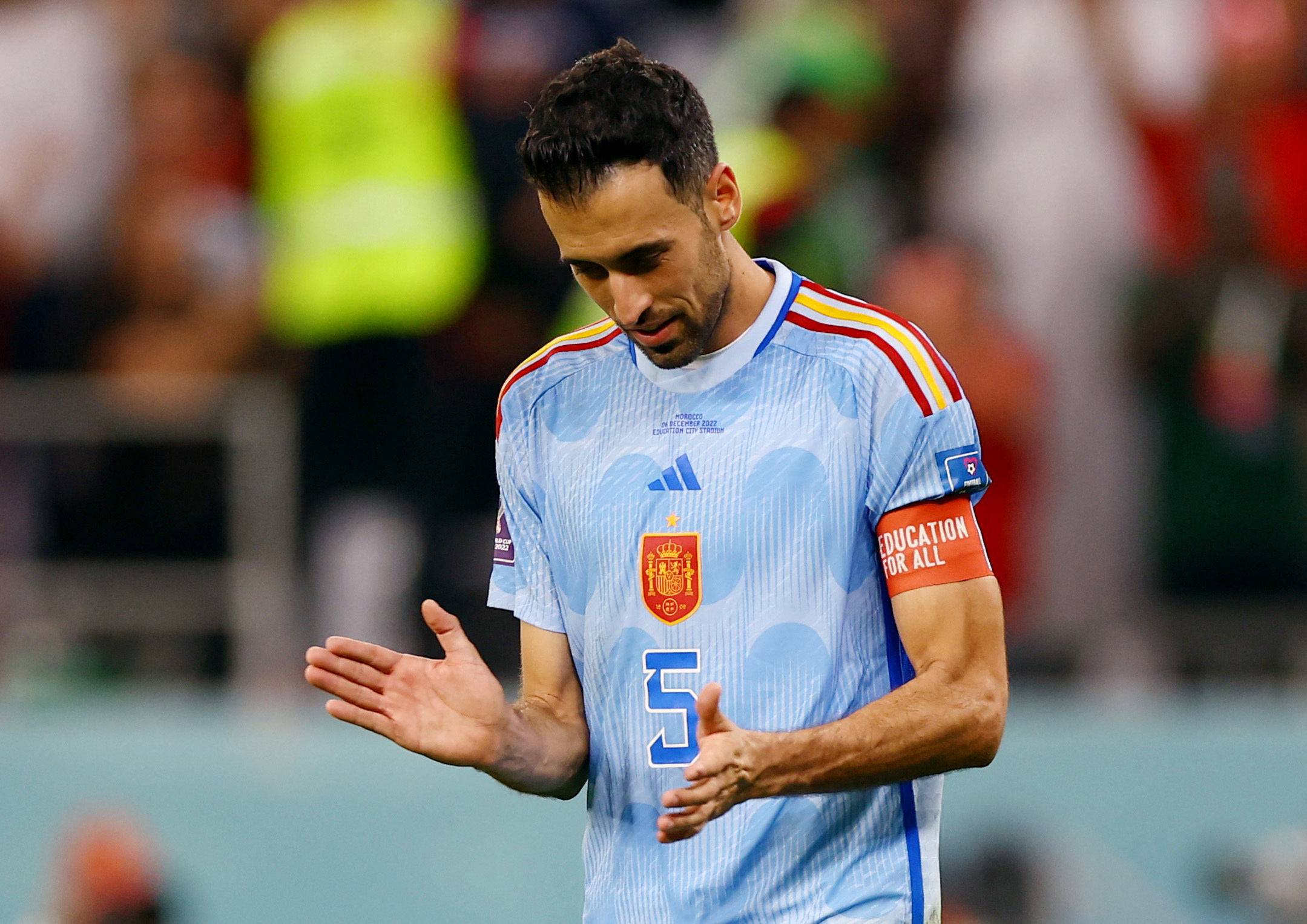 Soccer Football - FIFA World Cup Qatar 2022 - Round of 16 - Morocco v Spain - Education City Stadium, Al Rayyan, Qatar - December 6, 2022 Spain's Sergio Busquets looks dejected after his penalty is saved by Morocco's Yassine Bounou during the penalty shootout REUTERS