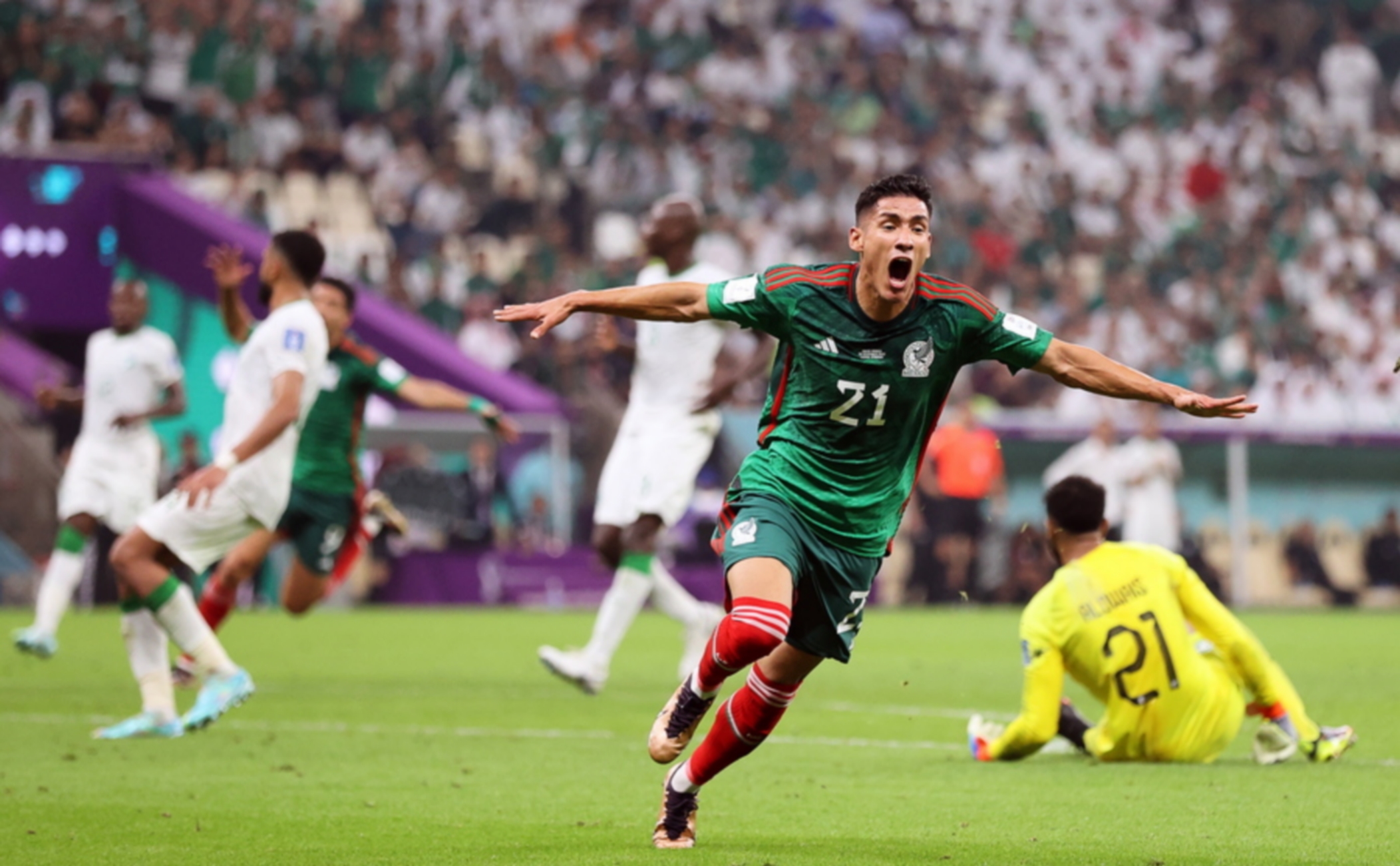 epa10340096 Uriel Antuna of Mexico celebrates after scoring an offside goal during the FIFA World Cup 2022 group C soccer match between Saudi Arabia and Mexico at Lusail Stadium in Lusail, Qatar, 30 November 2022.  EPA