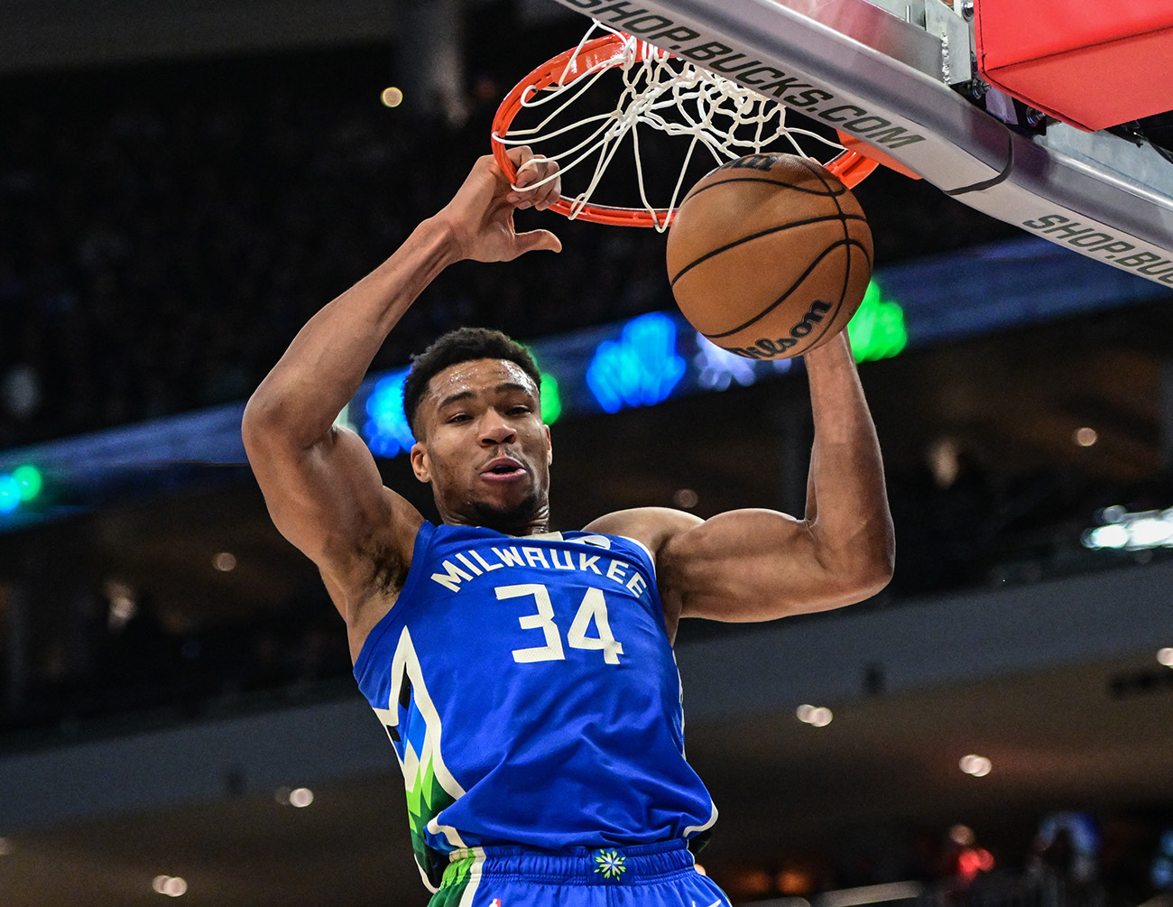 Dec 7, 2022; Milwaukee, Wisconsin, USA; Milwaukee Bucks forward Giannis Antetokounmpo (34) dunks a basket in the second quarter during game against Sacramento Kings at Fiserv Forum. Mandatory Credit: Benny Sieu-USA TODAY Sports