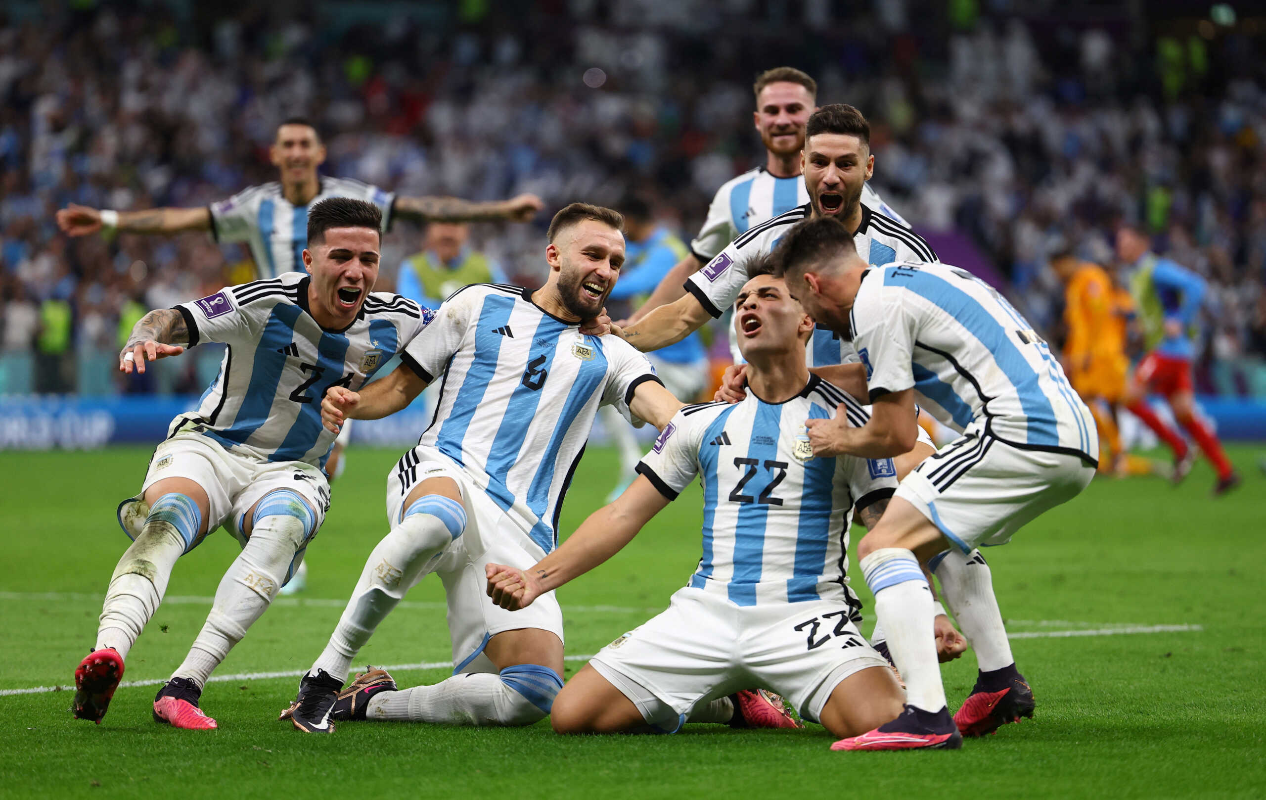 Soccer Football - FIFA World Cup Qatar 2022 - Quarter Final - Netherlands v Argentina - Lusail Stadium, Lusail, Qatar - December 10, 2022 Argentina players celebrate after winning the penalty shoot out as Argentina progress to the semi finals REUTERS