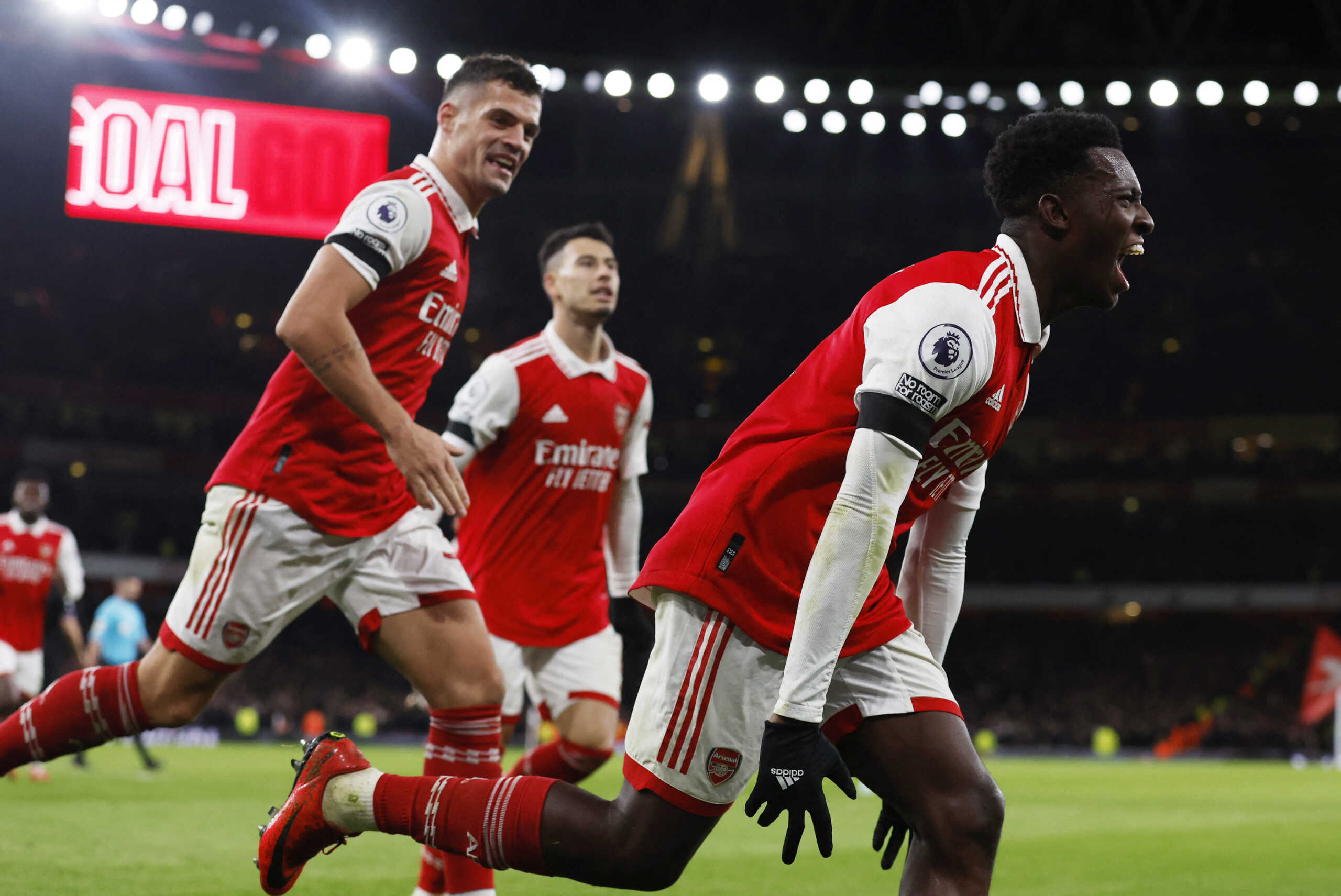 Soccer Football - Premier League - Arsenal v West Ham United - Emirates Stadium, London, Britain - December 26, 2022 Arsenal's Eddie Nketiah celebrates scoring their third goal with teammates Action Images via Reuters