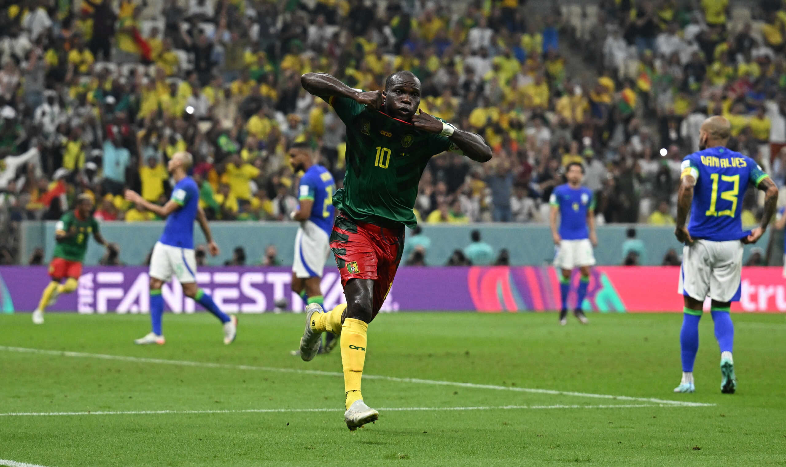 Soccer Football - FIFA World Cup Qatar 2022 - Group G - Cameroon v Brazil - Lusail Stadium, Lusail, Qatar - December 2, 2022 Cameroon's Vincent Aboubakar celebrates scoring their first goal REUTERS