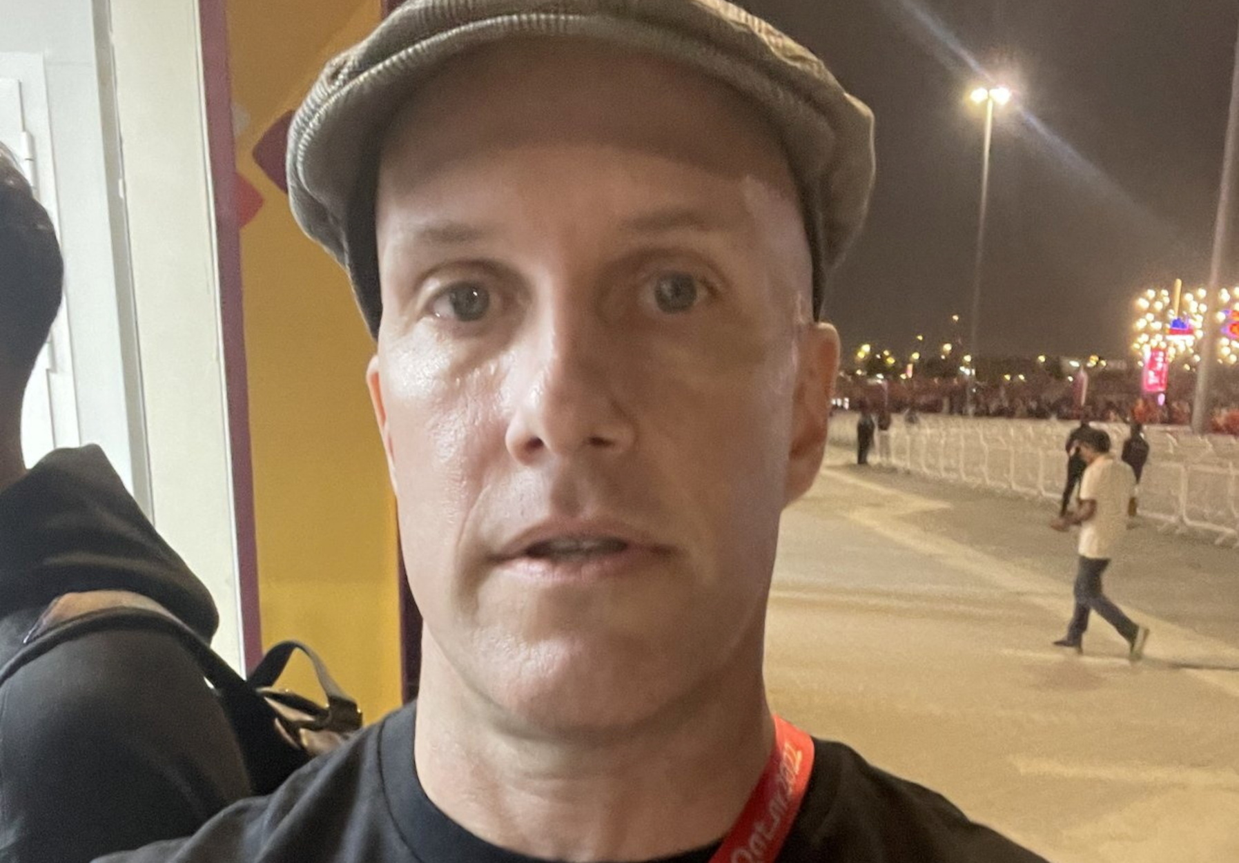 A selfie shows Grant Wahl with a t-shirt supporting LGBTQ rights, who got detained, and was allegedly forced to remove it by Qatar World Cup security, before entering the stadium in Al Rayyan, Qatar released on November 21, 2022 in this picture obtained from social media. Grant Wahl via Twitter