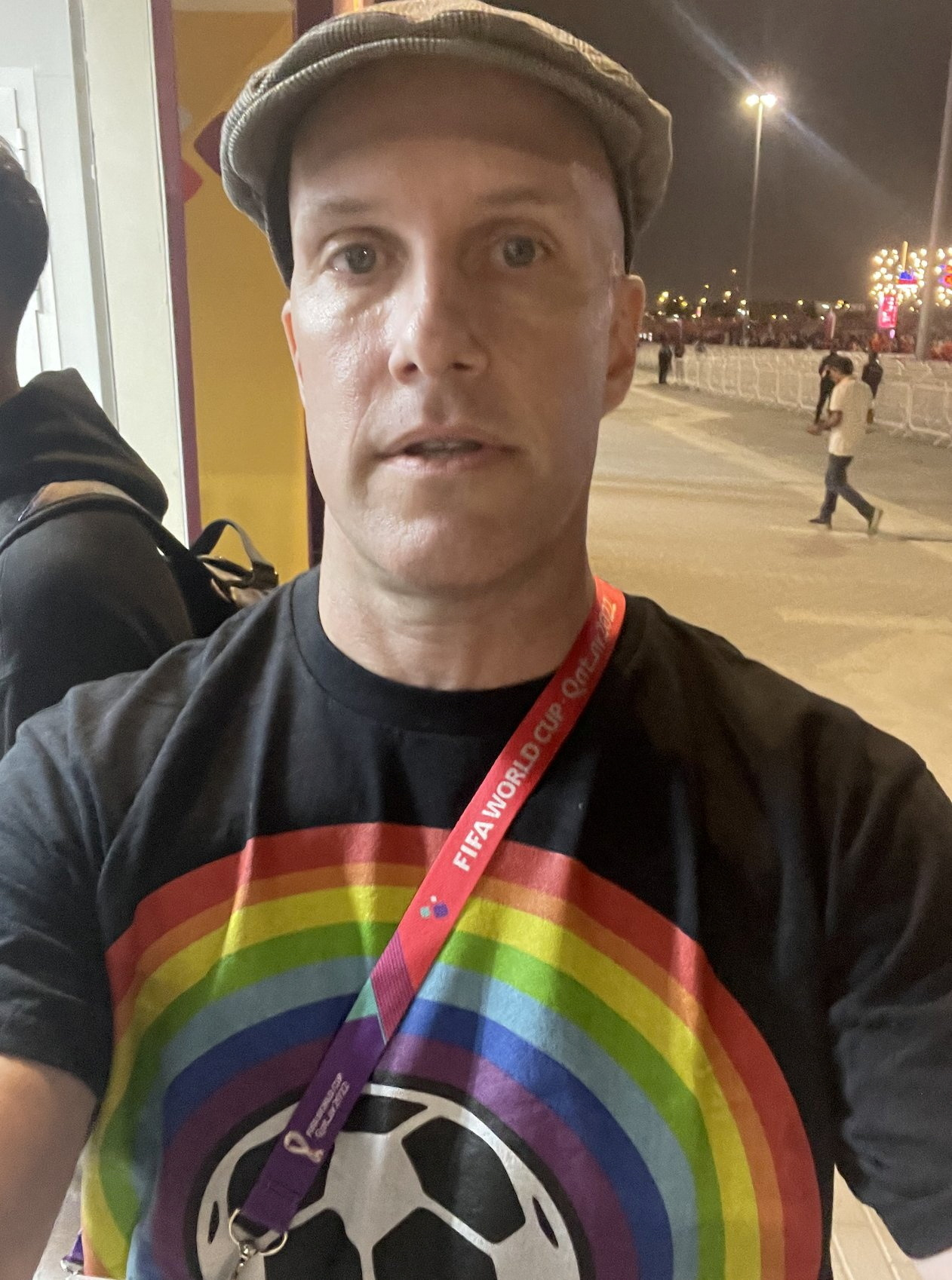 A selfie shows Grant Wahl with a t-shirt supporting LGBTQ rights, who got detained, and was allegedly forced to remove it by Qatar World Cup security, before entering the stadium in Al Rayyan, Qatar released on November 21, 2022 in this picture obtained from social media. Grant Wahl via Twitter