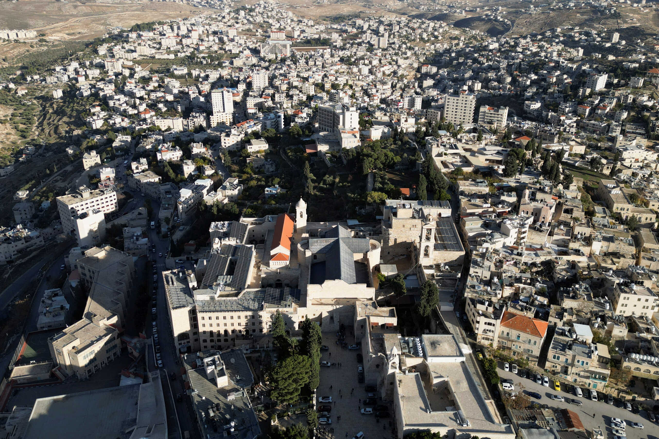 A general view of the Church of Nativity ahead of a ceremony of lighting a Christmas tree at Manger Square outside the Church of the Nativity in Bethlehem, in the Israeli-occupied West Bank, December 3, 2022. REUTERS