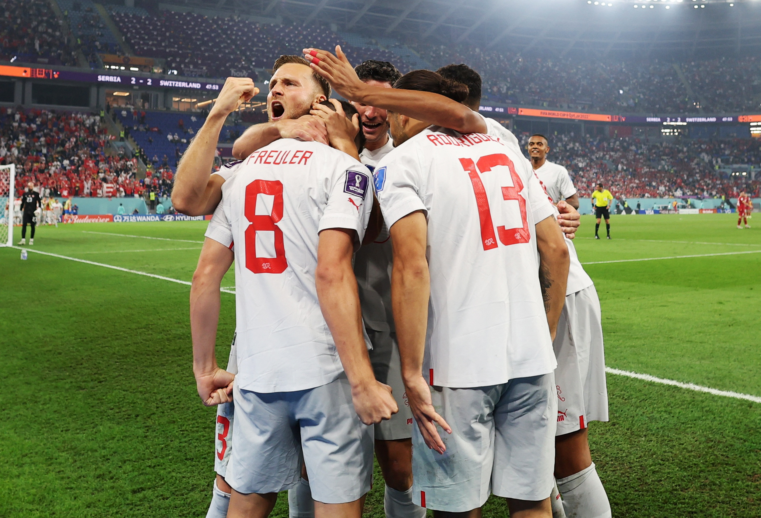 Soccer Football - FIFA World Cup Qatar 2022 - Group G - Serbia v Switzerland - Stadium 974, Doha, Qatar - December 2, 2022 Switzerland's Remo Freuler celebrates scoring their third goal with teammates REUTERS