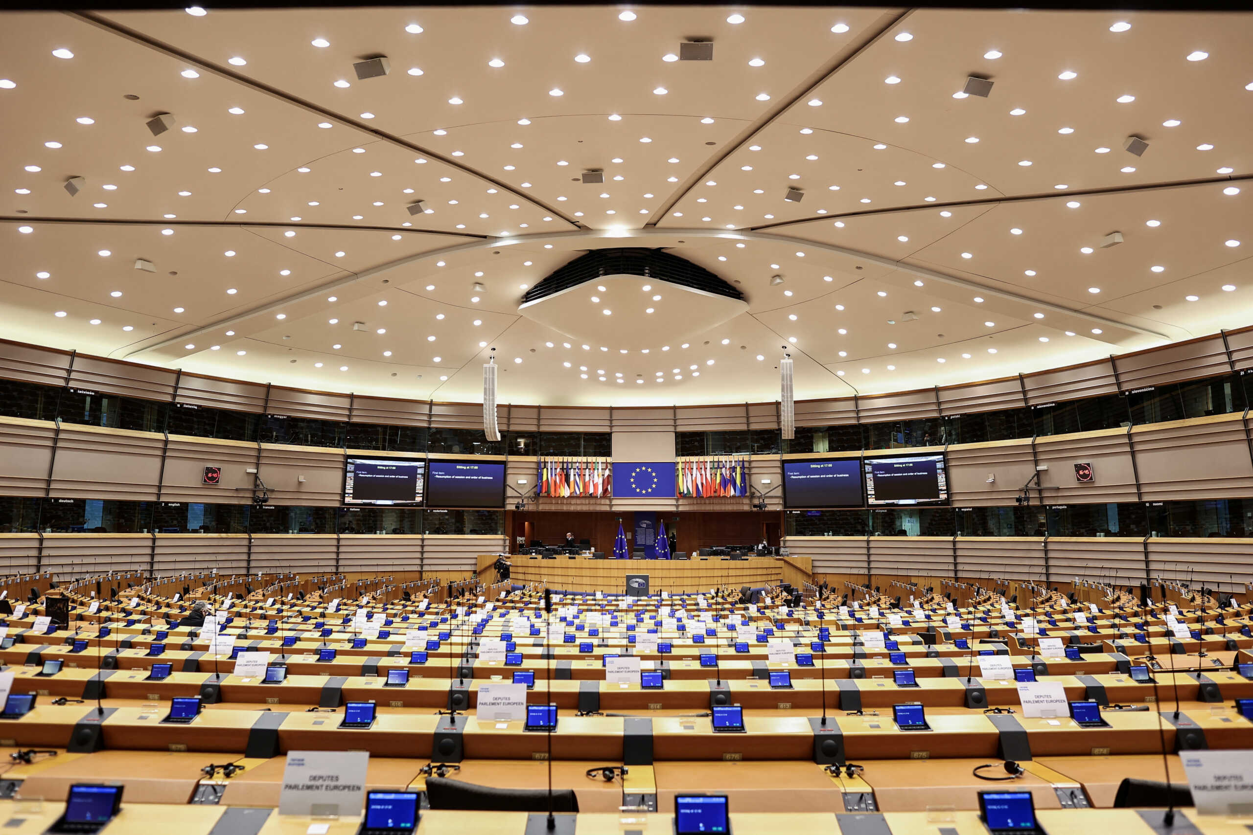 FILE PHOTO: View of European Parliament chamber before plenary session in Brussels, Belgium November 23, 2020. Kenzo Tribouillard