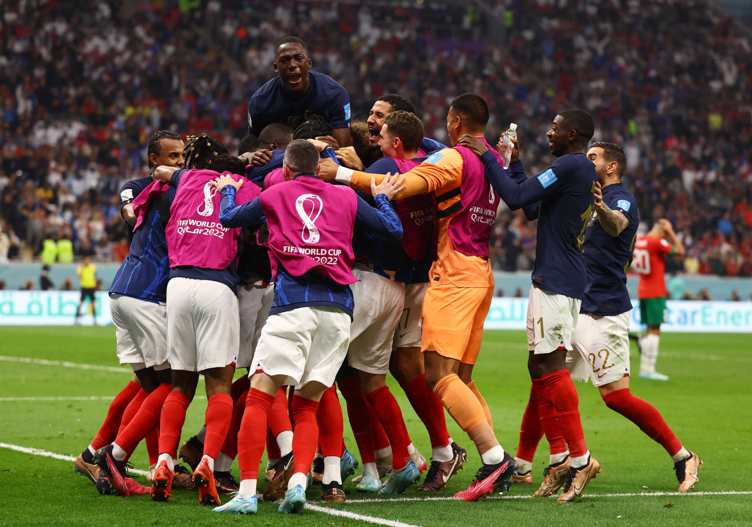 Soccer Football - FIFA World Cup Qatar 2022 - Semi Final - France v Morocco - Al Bayt Stadium, Al Khor, Qatar - December 14, 2022 France's Randal Kolo Muani celebrates scoring their second goal with Ibrahima Konate and teammates REUTERS
