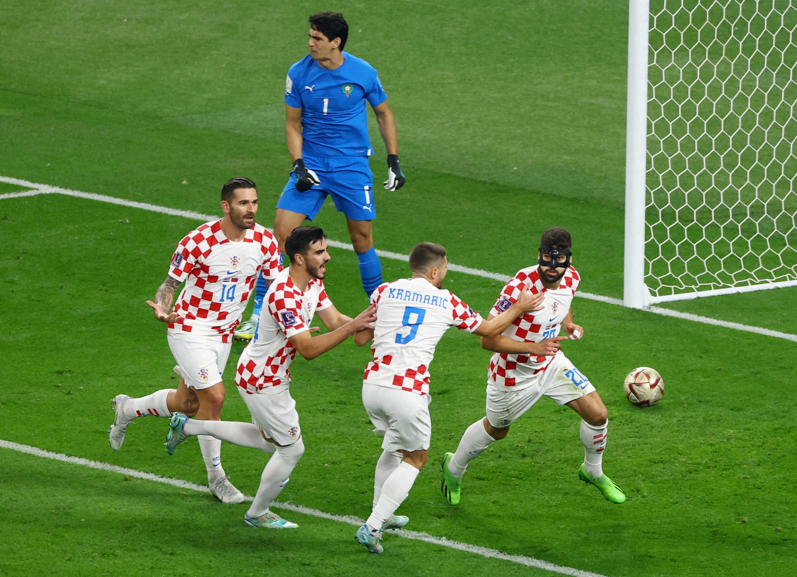 Soccer Football - FIFA World Cup Qatar 2022 - Third-Place Playoff - Croatia v Morocco - Khalifa International Stadium, Doha, Qatar - December 17, 2022 Croatia's Josko Gvardiol celebrates scoring their first goal with teammates REUTERS
