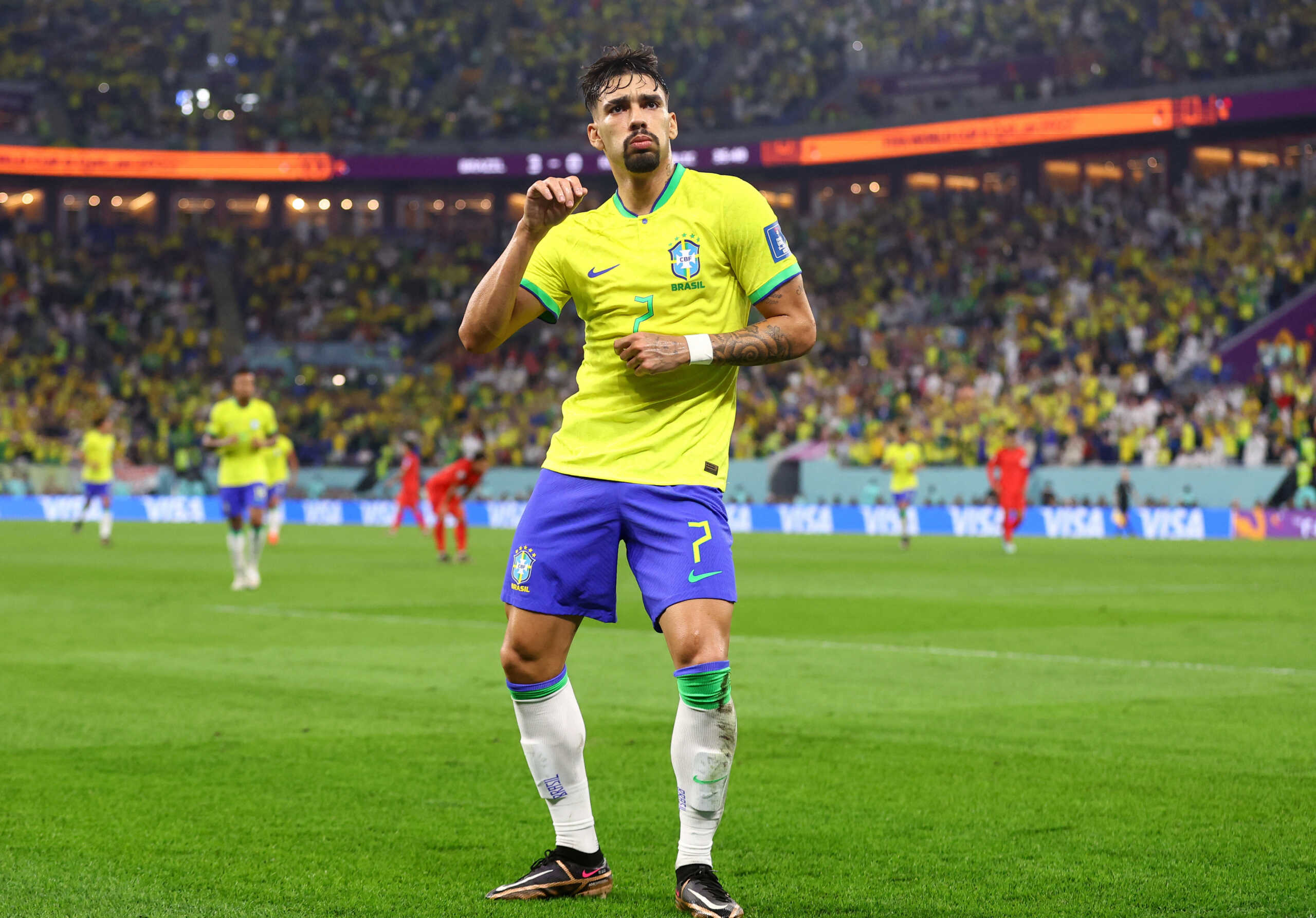 Soccer Football - FIFA World Cup Qatar 2022 - Round of 16 - Brazil v South Korea - Stadium 974, Doha, Qatar - December 5, 2022 Brazil's Lucas Paqueta celebrates scoring their fourth goal REUTERS