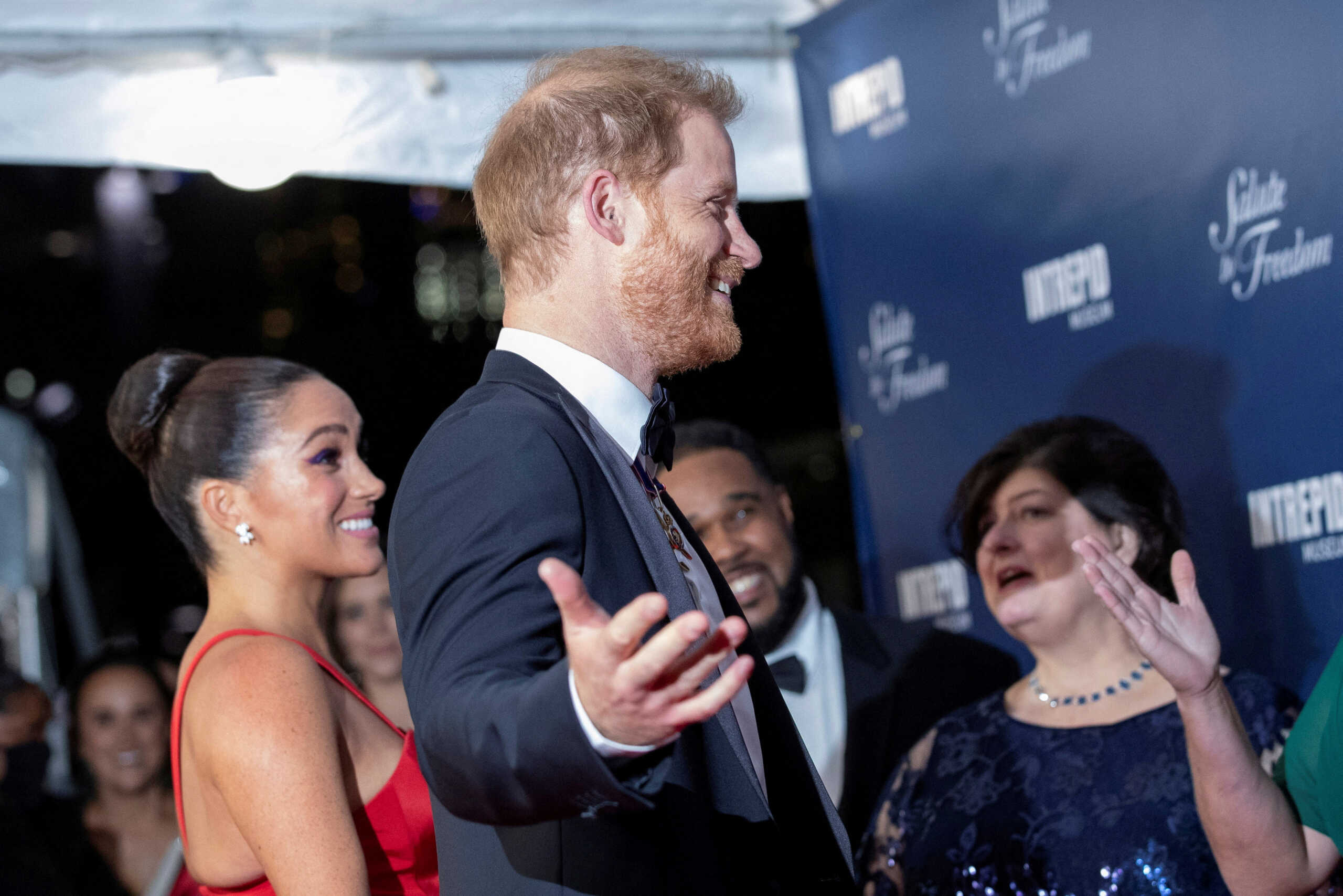 FILE PHOTO: Britain's Prince Harry and Meghan Markle, Duke and Duchess of Sussex, arrive for the annual Salute to Freedom Gala at the Intrepid Sea, Air & Space Museum in Manhattan in New York City, U.S., November 10, 2021. REUTERS