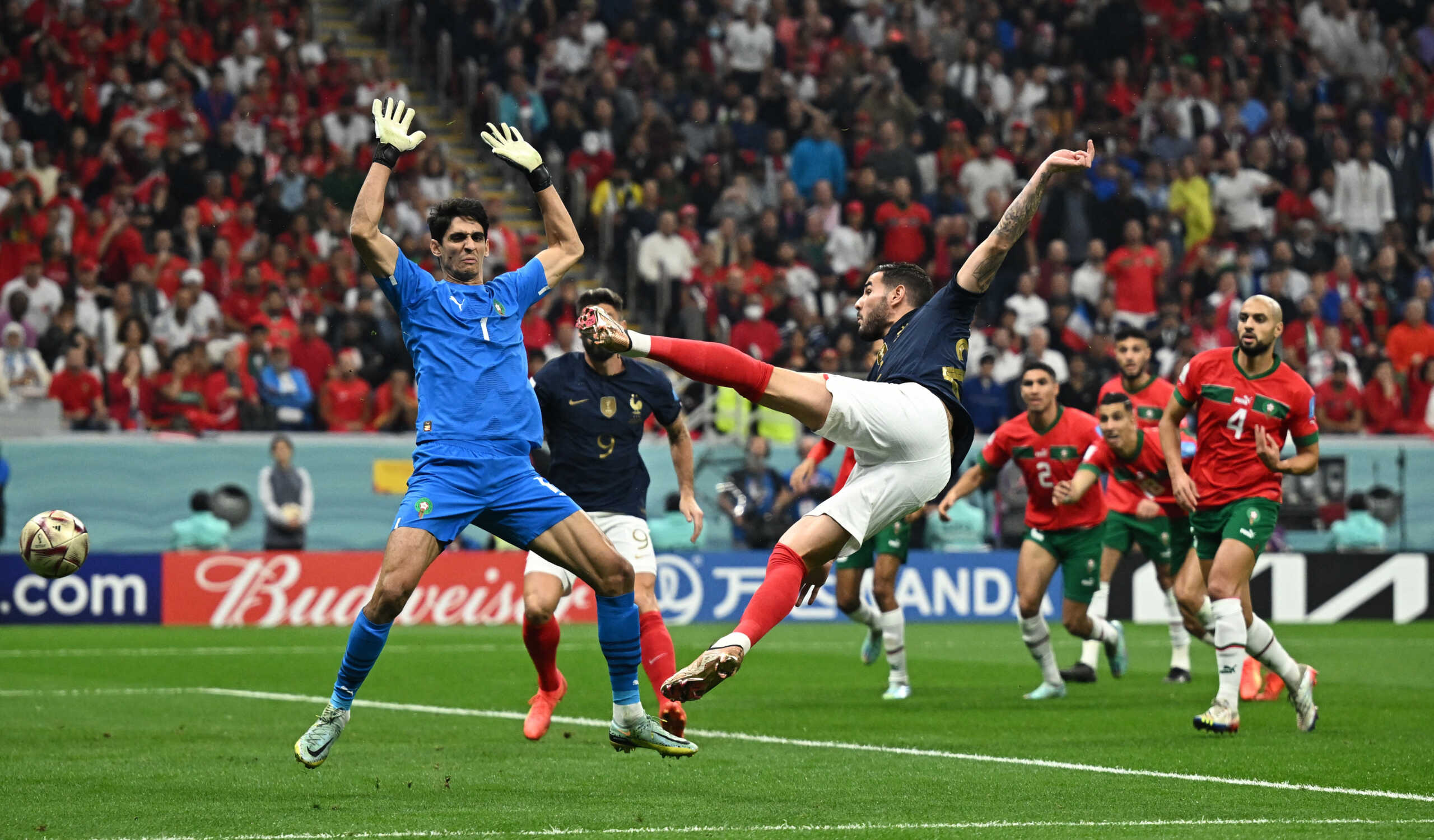 Soccer Football - FIFA World Cup Qatar 2022 - Semi Final - France v Morocco - Al Bayt Stadium, Al Khor, Qatar - December 14, 2022 France's Theo Hernandez scores their first goal REUTERS