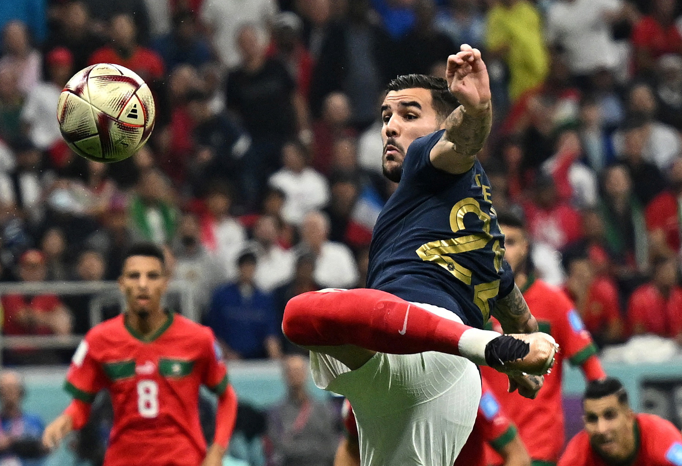 Soccer Football - FIFA World Cup Qatar 2022 - Semi Final - France v Morocco - Al Bayt Stadium, Al Khor, Qatar - December 14, 2022 France's Theo Hernandez scores their first goal REUTERS