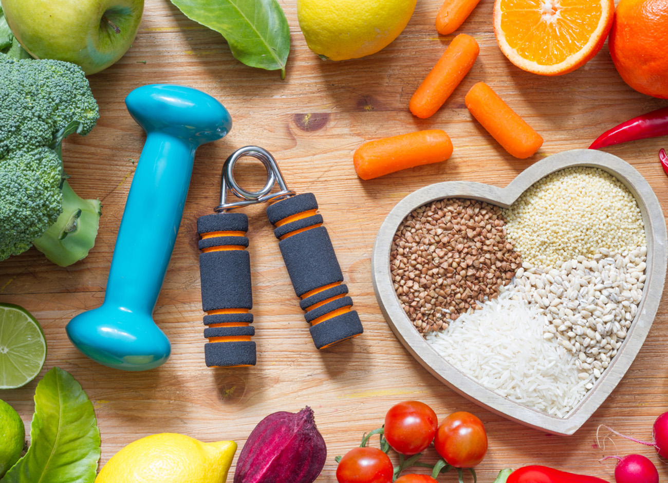 Healthy lifestyle concept with vegetarian food heart diet gym  fitness and medicine