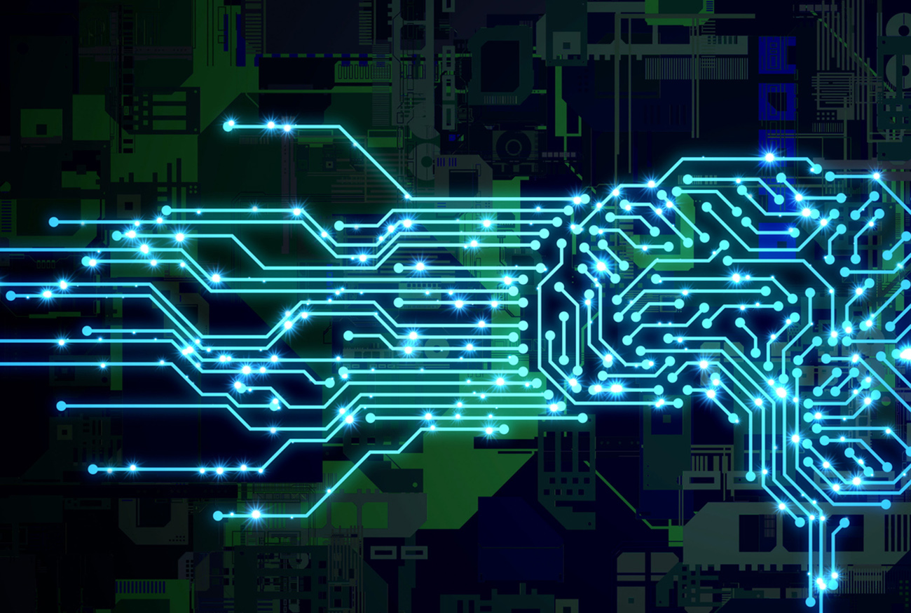 AI (Artificial Intelligence) concept. Human brain and circuit board.